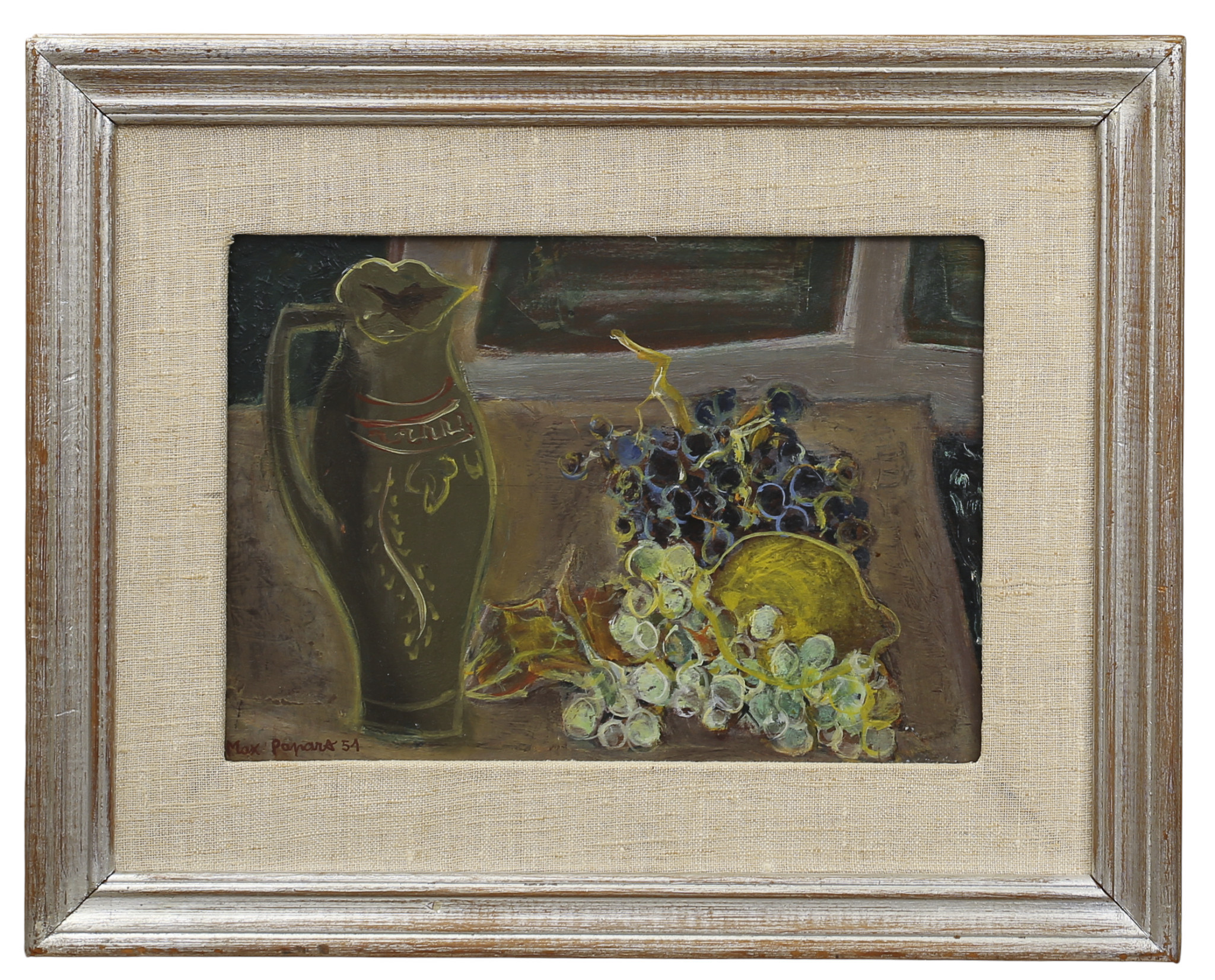 MAX PAPART. Olja på pannå av mahogny, "Nature morte au vase grec", signerad, daterad 1951.