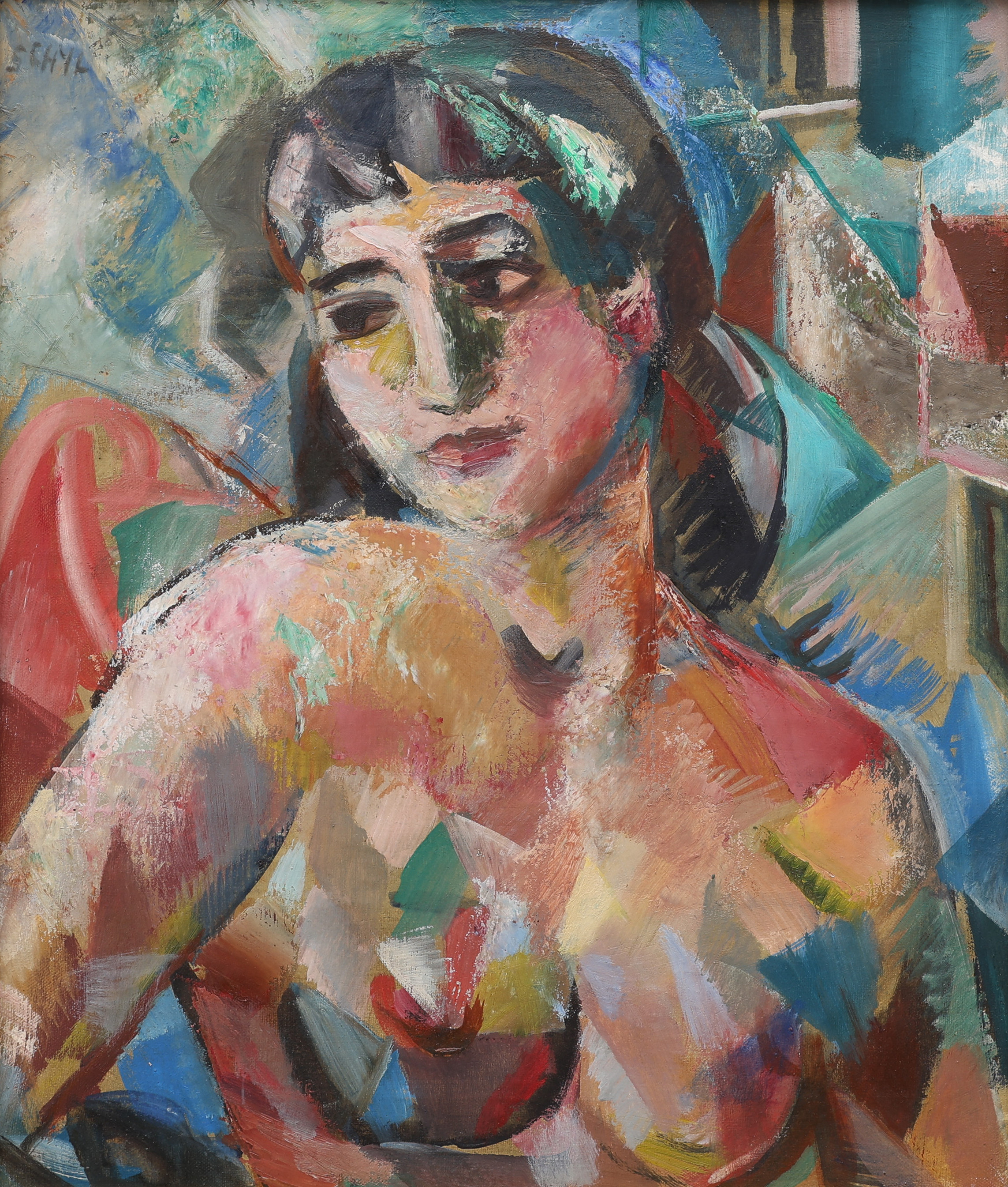 JULES SCHYL. OLJA PÅ DUK, "MODELL HALVFIGUR", SIGNERAD OCH DATERAD 1952.