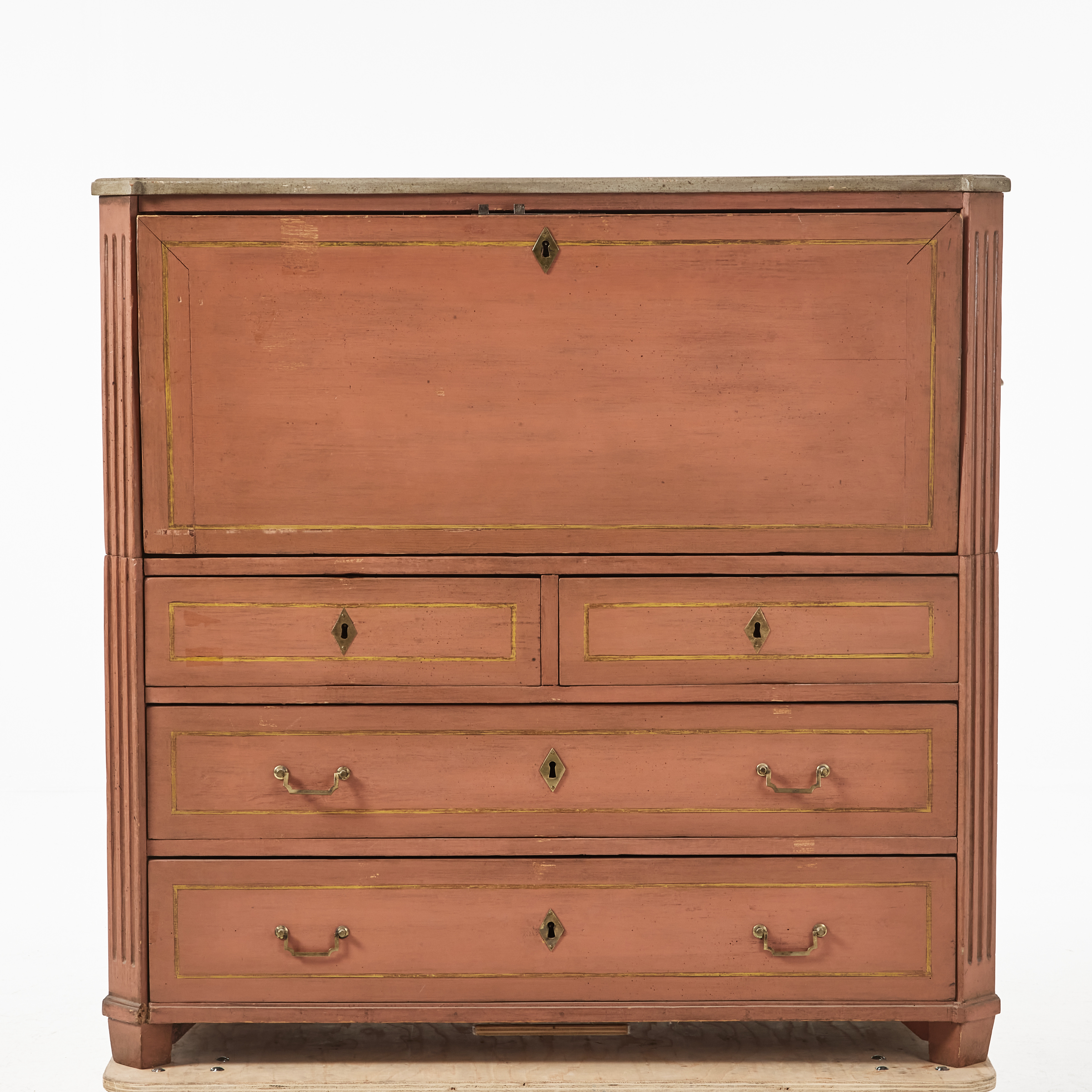 CHIFFONJE, gustaviansk, bemålad, sent 1700-tal, tvådelad, skrivskiva med bakomliggande lådinredning.