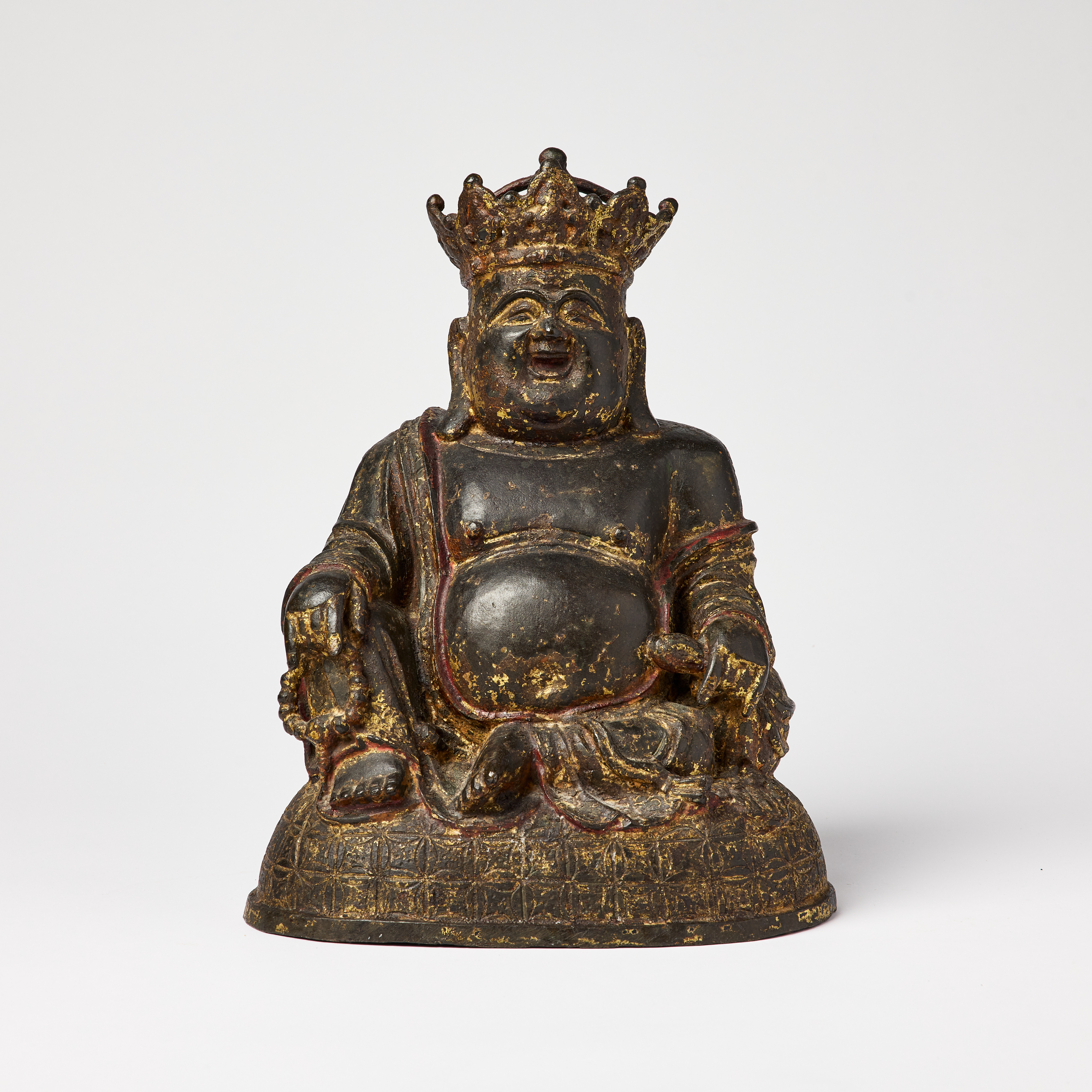 A Chinese Bronze Figure of a Crowned Budai 'Lucky Buddha'.