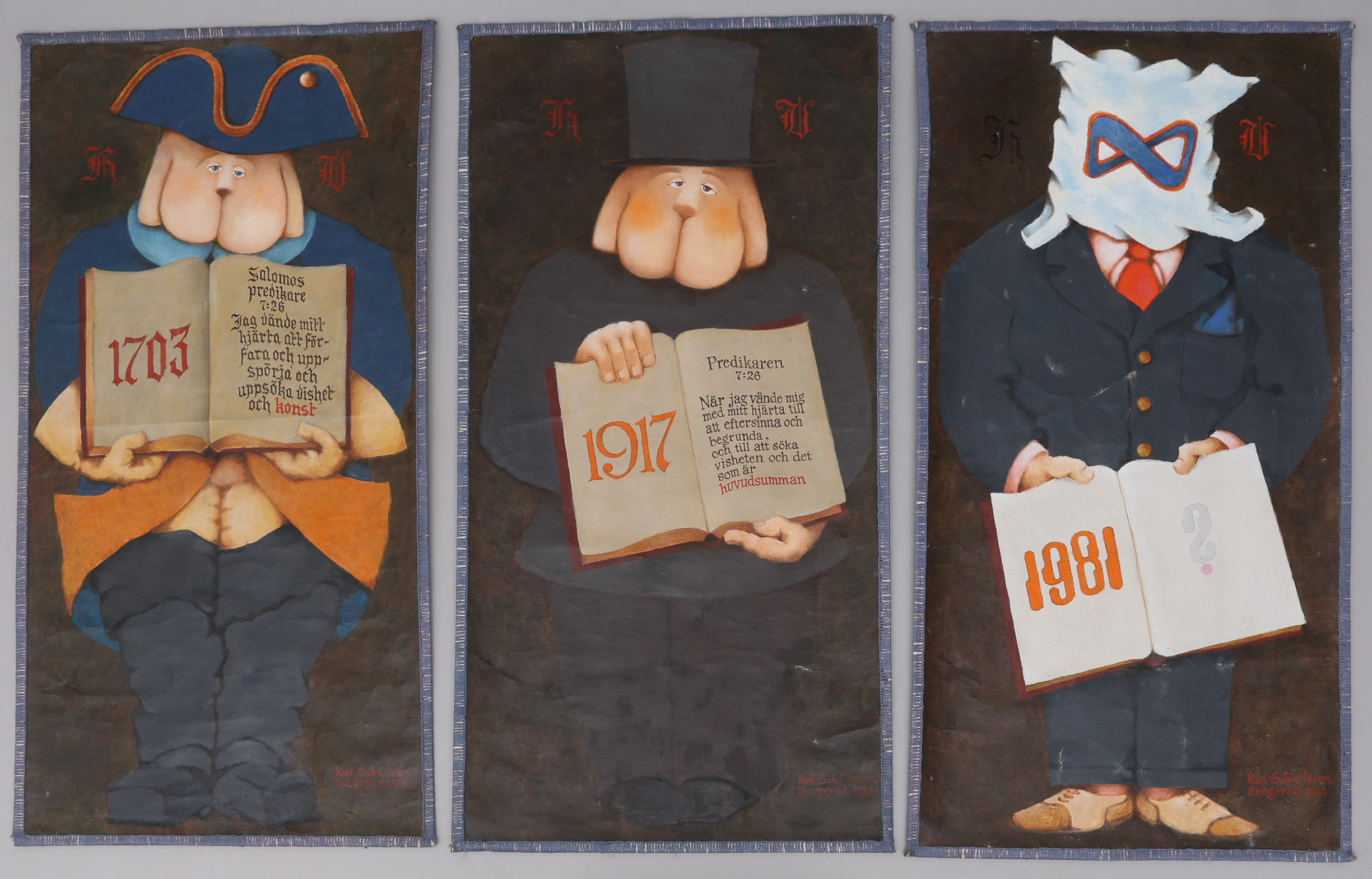 KARL-ERIK OLSSON "SNOGERÖD" 1927-1995. TRIPTYK, OLJA PÅ OUPPSPÄND DUK, BIBELÖVERSÄTTNINGSTEMA, SIGNERADE OCH DATERADE 1981.