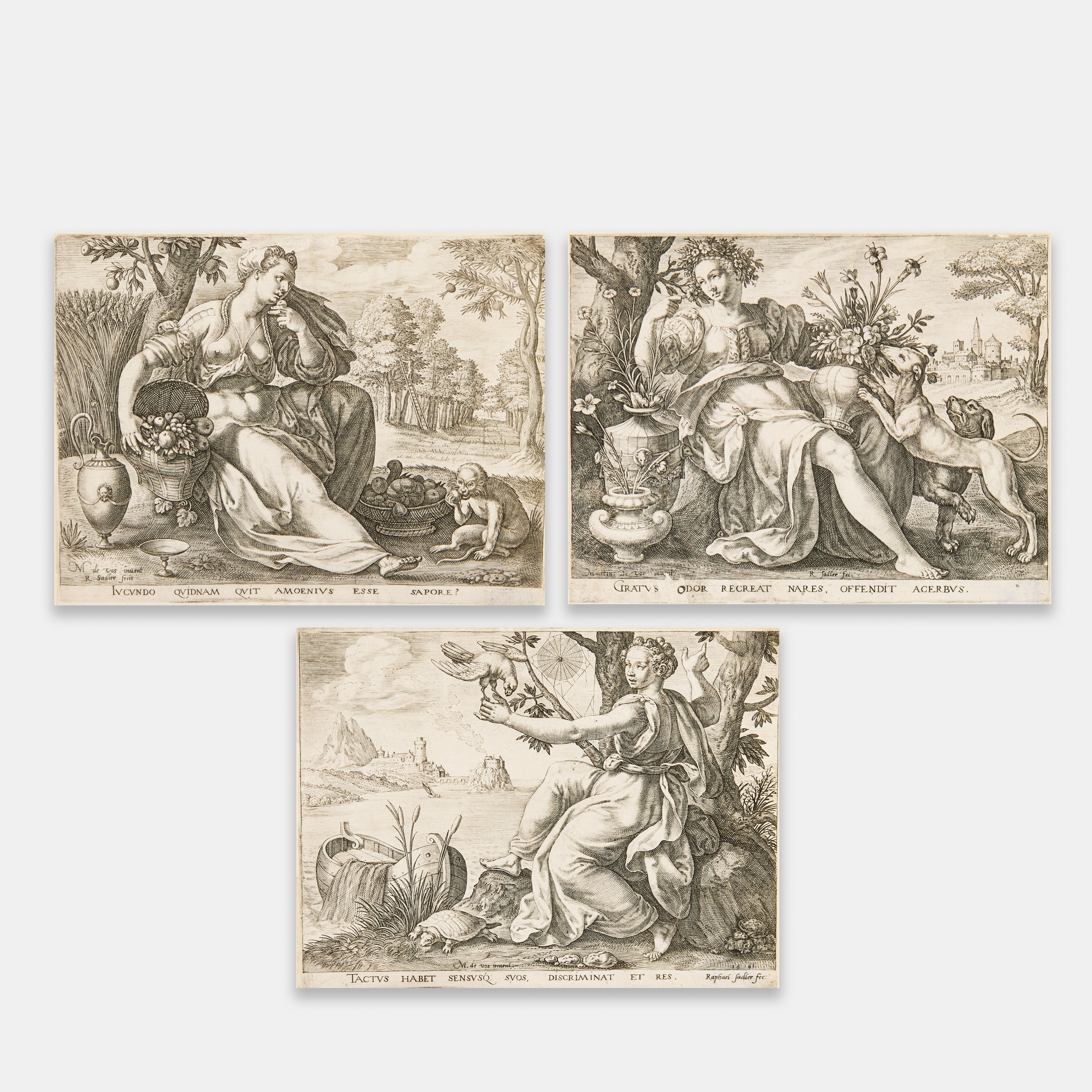 RAPHAEL SADELER (THE NETHERLANDS 1560/61-1628/32) AFTER MAERTEN DE VOS (THE NETHERLANDS 1532-1603). Smell", "Taste", and "Touch" from "The Five Senses".