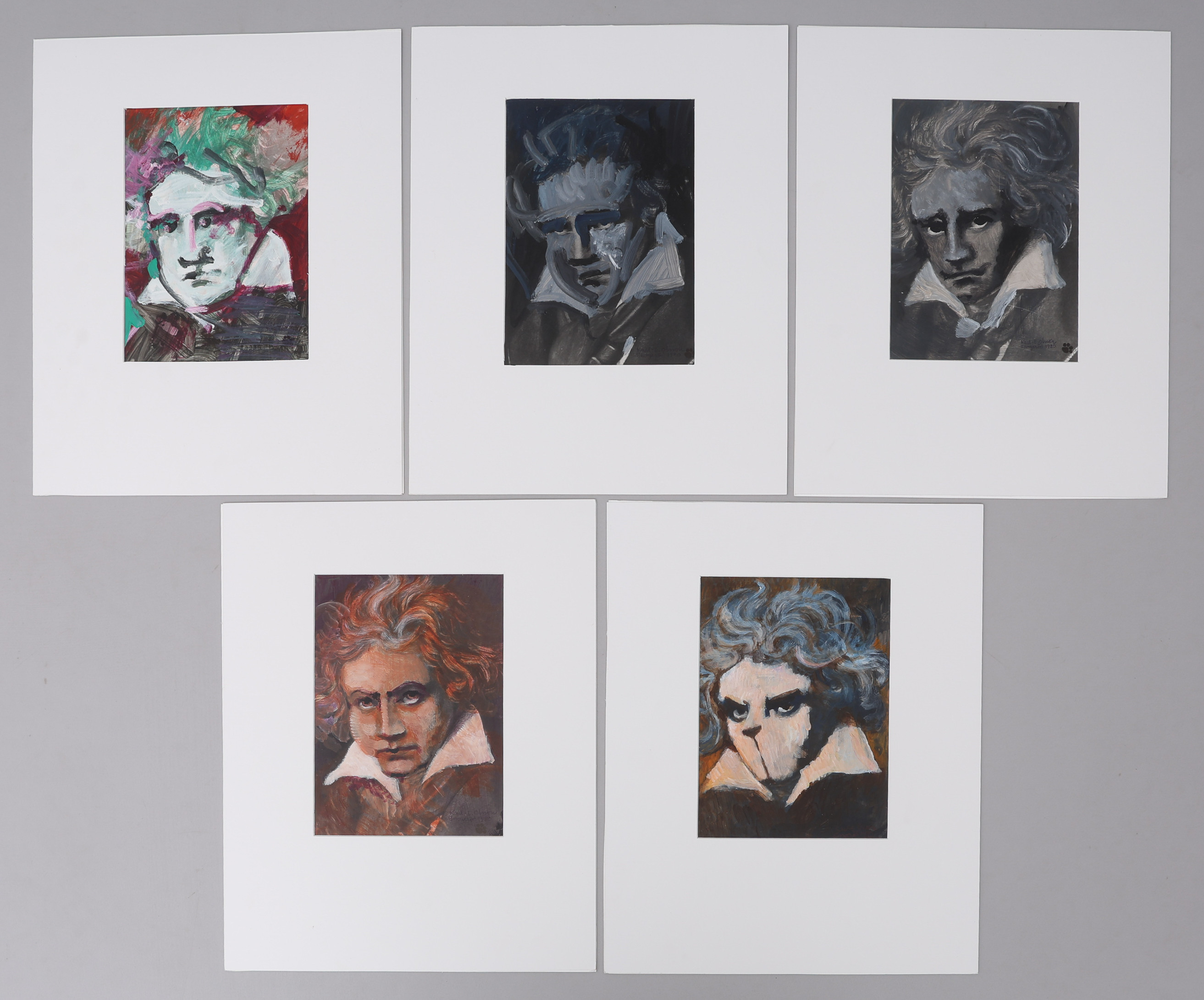 KARL-ERIK OLSSON "SNOGERÖD" 1927-1995. OLJA PÅ PAPPER, SVIT OM FEM MÅLNINGAR MED BEETHOVEN SOM ANTAR HUNDLIKNANDE DRAG, SIGNERADE OCH DATERADE 1980.