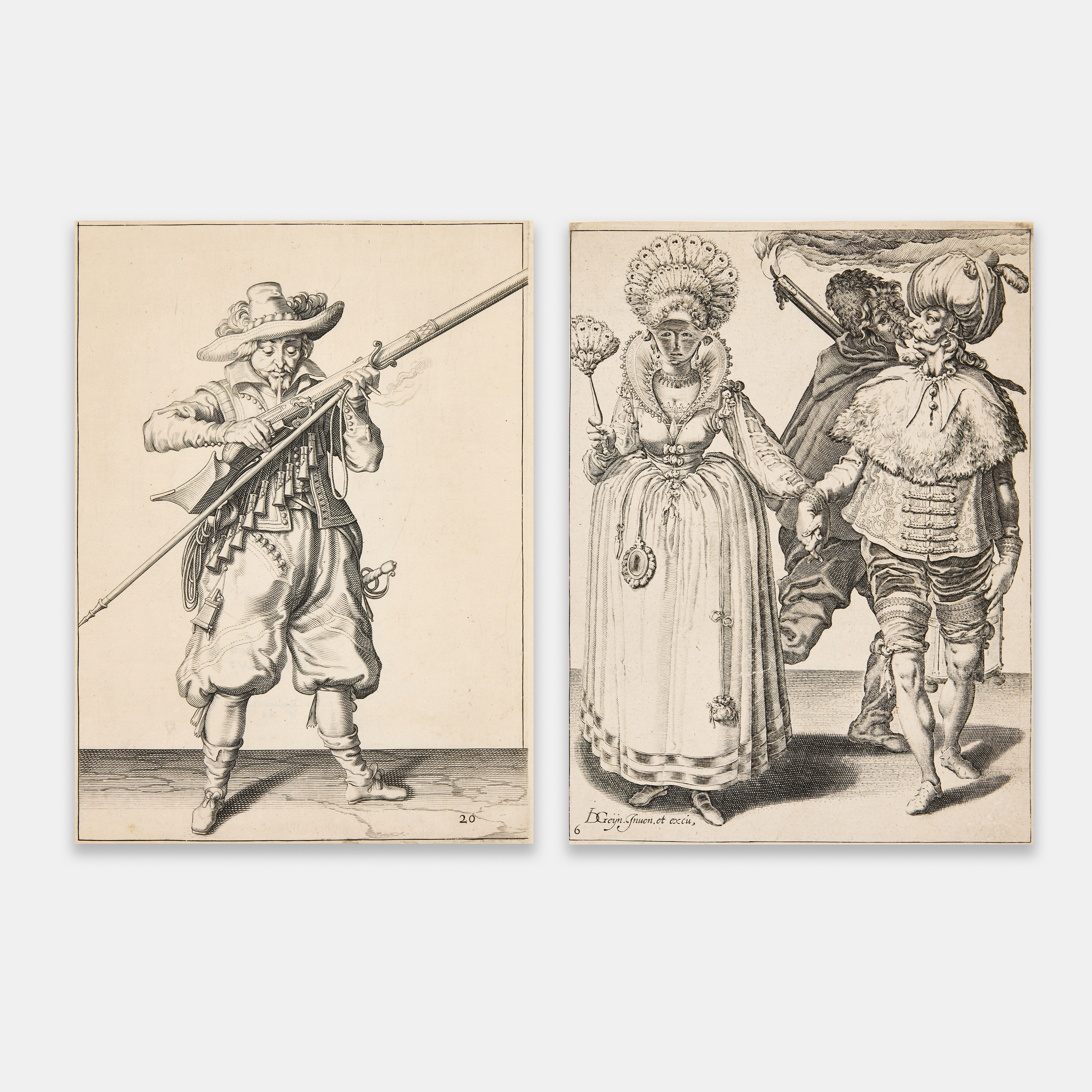 JACOB DE GHEYN II (THE NETHERLANDS 1565-1629). Two engravings. "A Soldier with a Musket", from "Wapenhandelinghe van Roers Musquetten Ende Spiessen (The Exercise of Arms)" and "The Masquerades (Plate 6)".