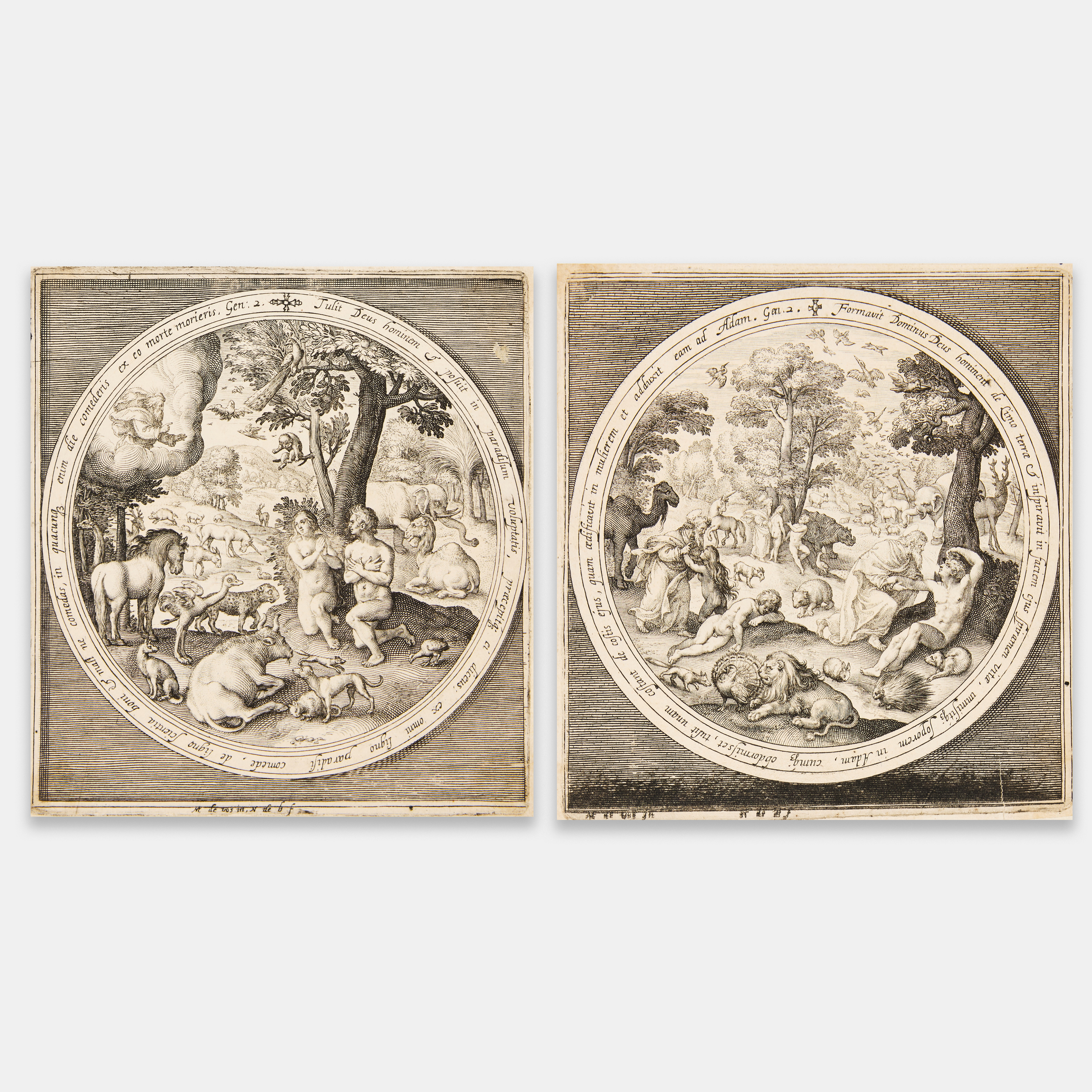 NICOLAES DE BRUYN (THE NETHERLANDS 1571-1656). AFTER MAERTEN DE VOS (THE NETHERLANDS 1532-1603). "The Sixth Day: The Creation of the Animals, Adam and Eve" and "The Seventh Day: Adam and Eve in Paradise". Two engravings from "The Creation to the Expulsion from Paradise".