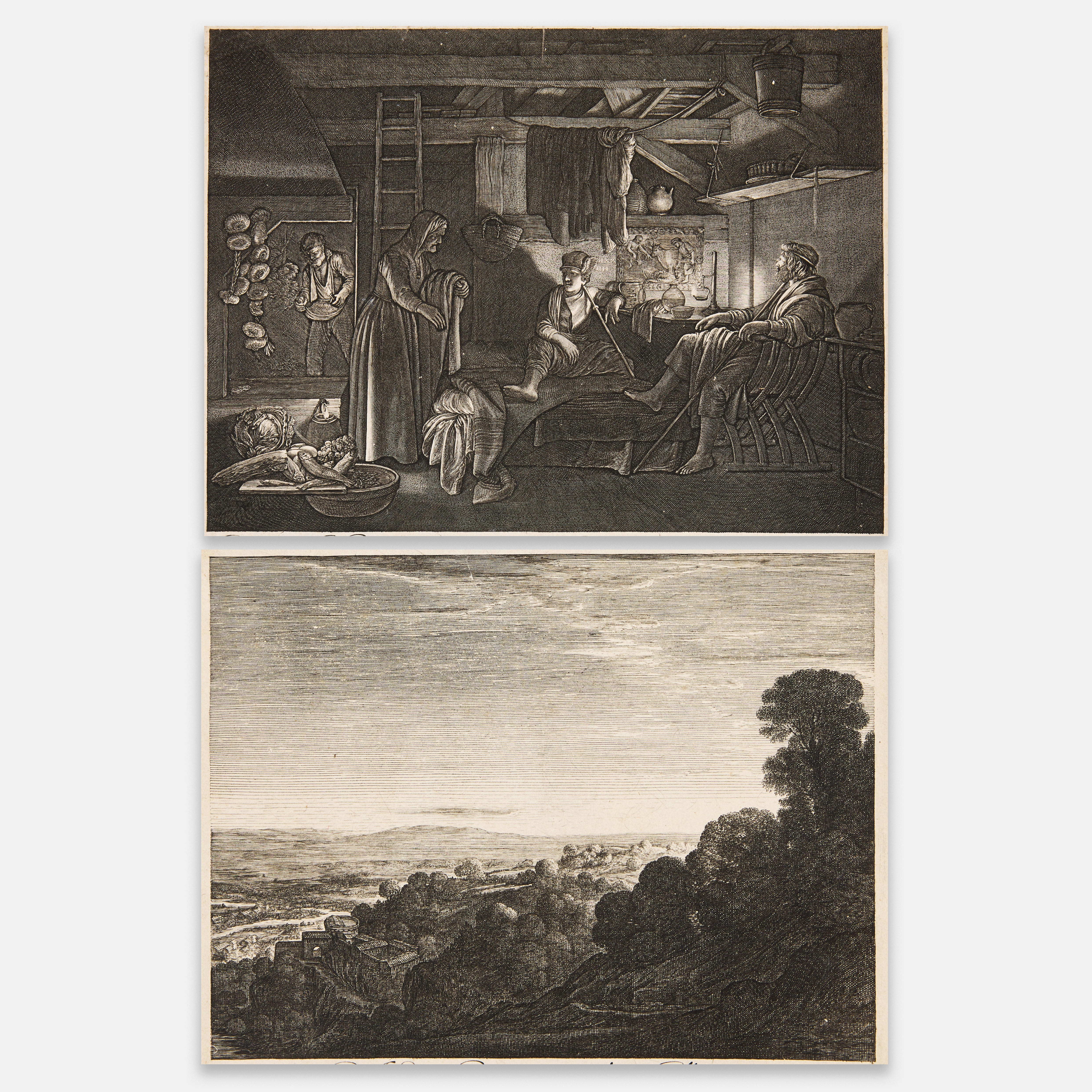 HENDRICK GOUDT (THE NETHERLANDS 1583-1648). AFTER ADAM ELSHEIMER (GERMANY 1578-1610). Two etchings with engraving. "Jupiter and Mercury in the House of Philemon and Baucis" and "Landscape at Dawn: Aurora".