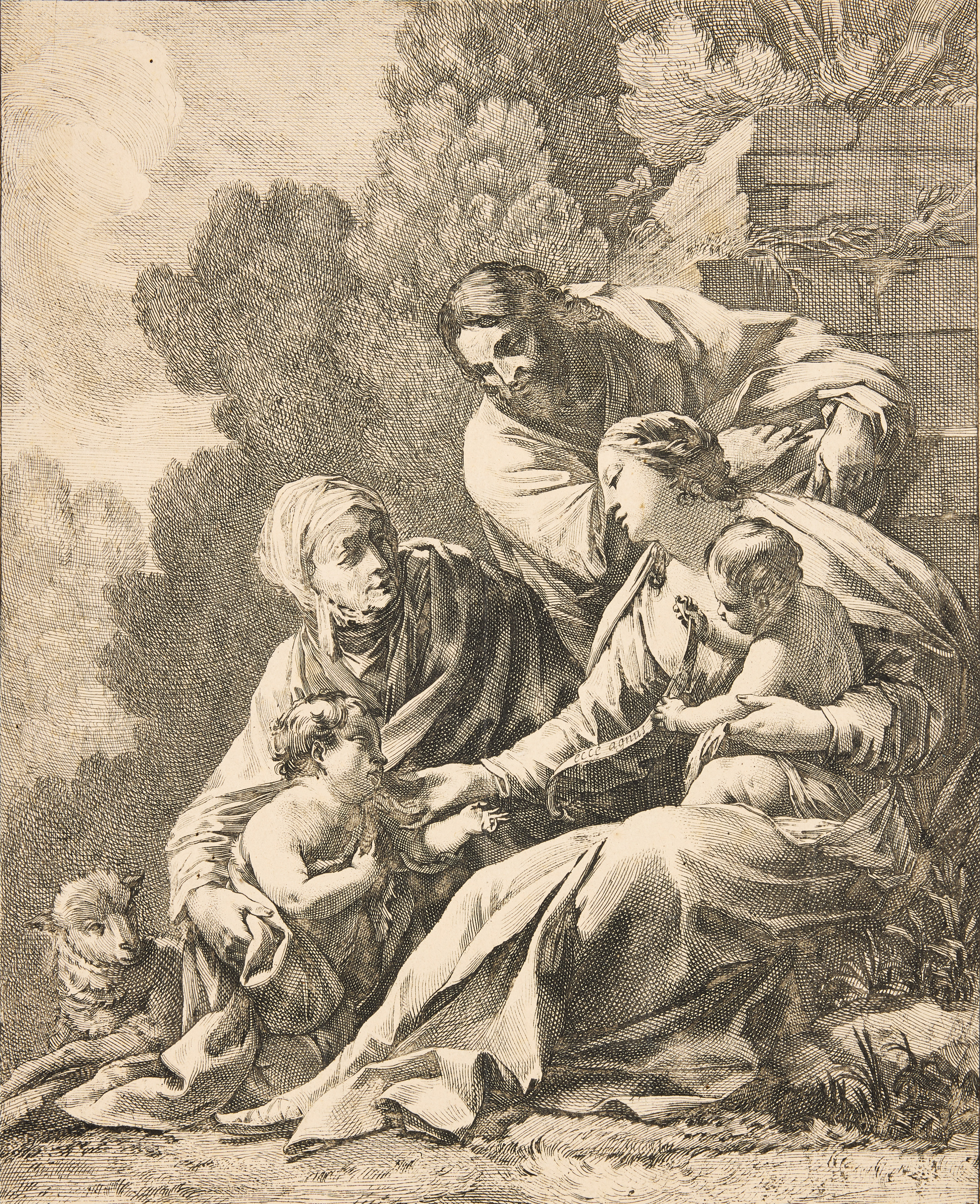 MICHEL DORIGNY (FRANCE 1616-1665) AFTER SIMON VOUET (FRANCE 1590-1649). "The Holy Family Accompanied by St. Elizabeth and St. John the Baptist".