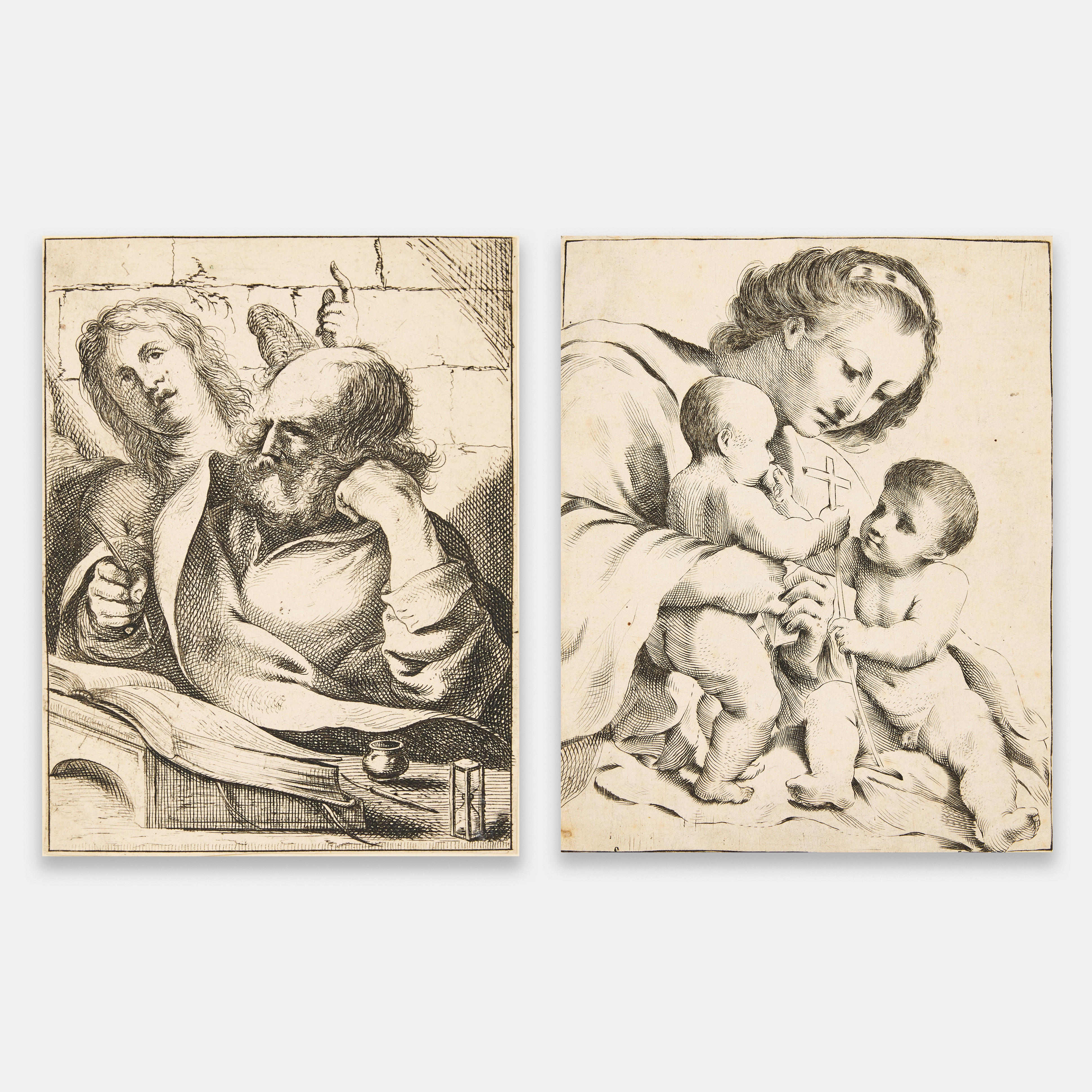 GIOVANNI BATTISTA PASQUALINI (ITALY 1595-1631). Two engravings. "Saint Matthew" and "Virgin and Child with Infant St. John the Baptist".