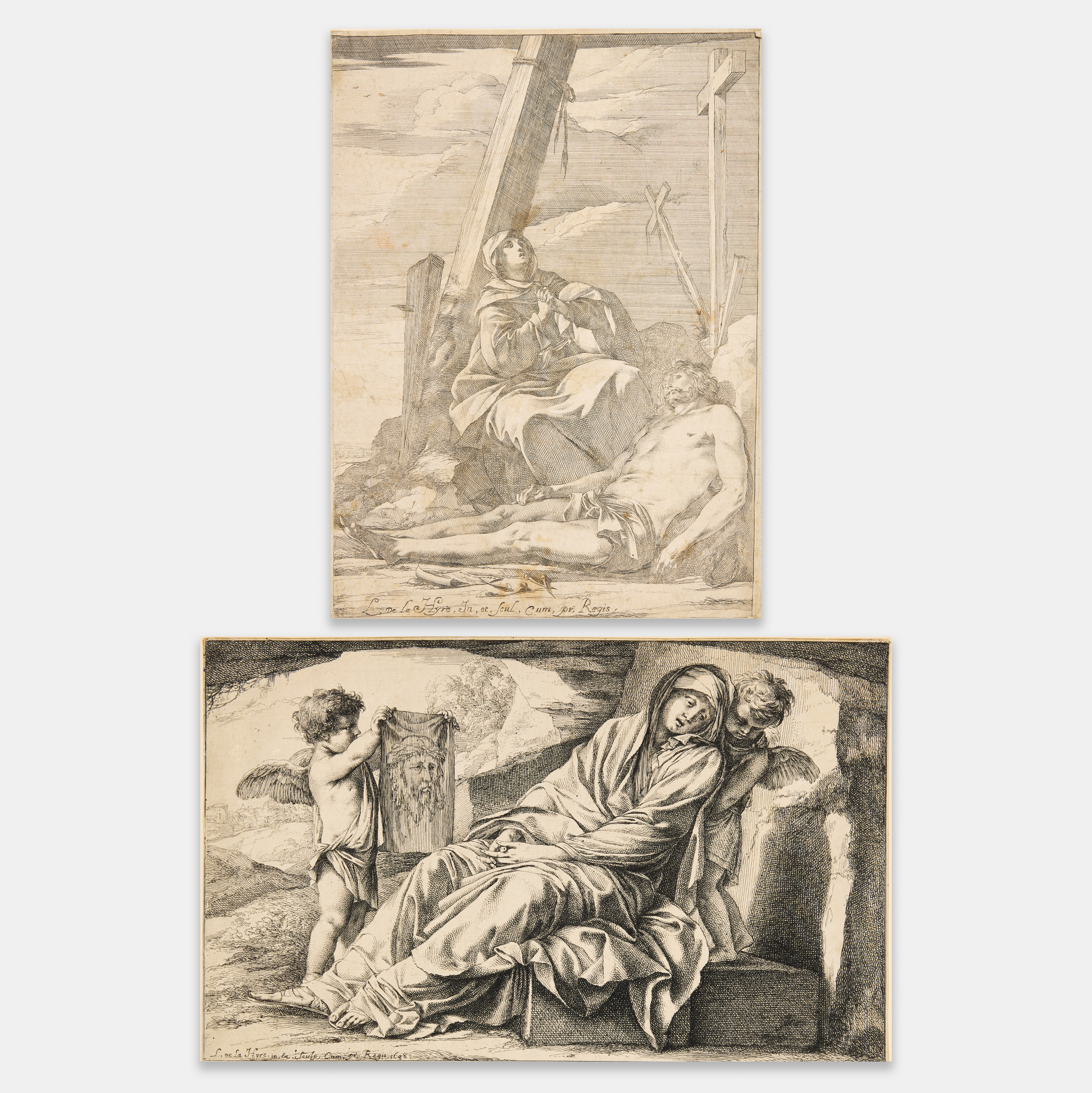 LAURENT DE LA HYRE (FRANCE 1606-1656). Two etchings. "Christ and the Virgin at the Foot of the Cross" and "Our Lady of Sorrows (Posuit me Desolatum)".