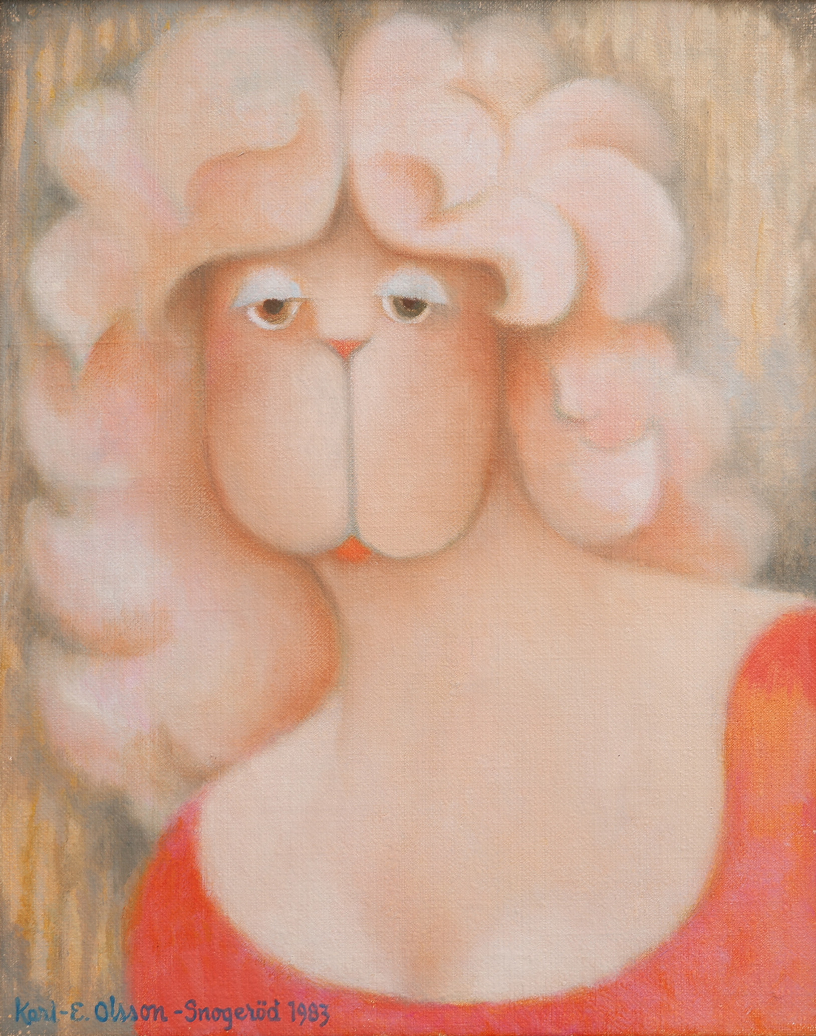 KARL-ERIK OLSSON "SNOGERÖD" 1927-1995. OLJA PÅ DUK, "CARMEN SVENSSON", SIGNERAD OCH DATERAD 1983.