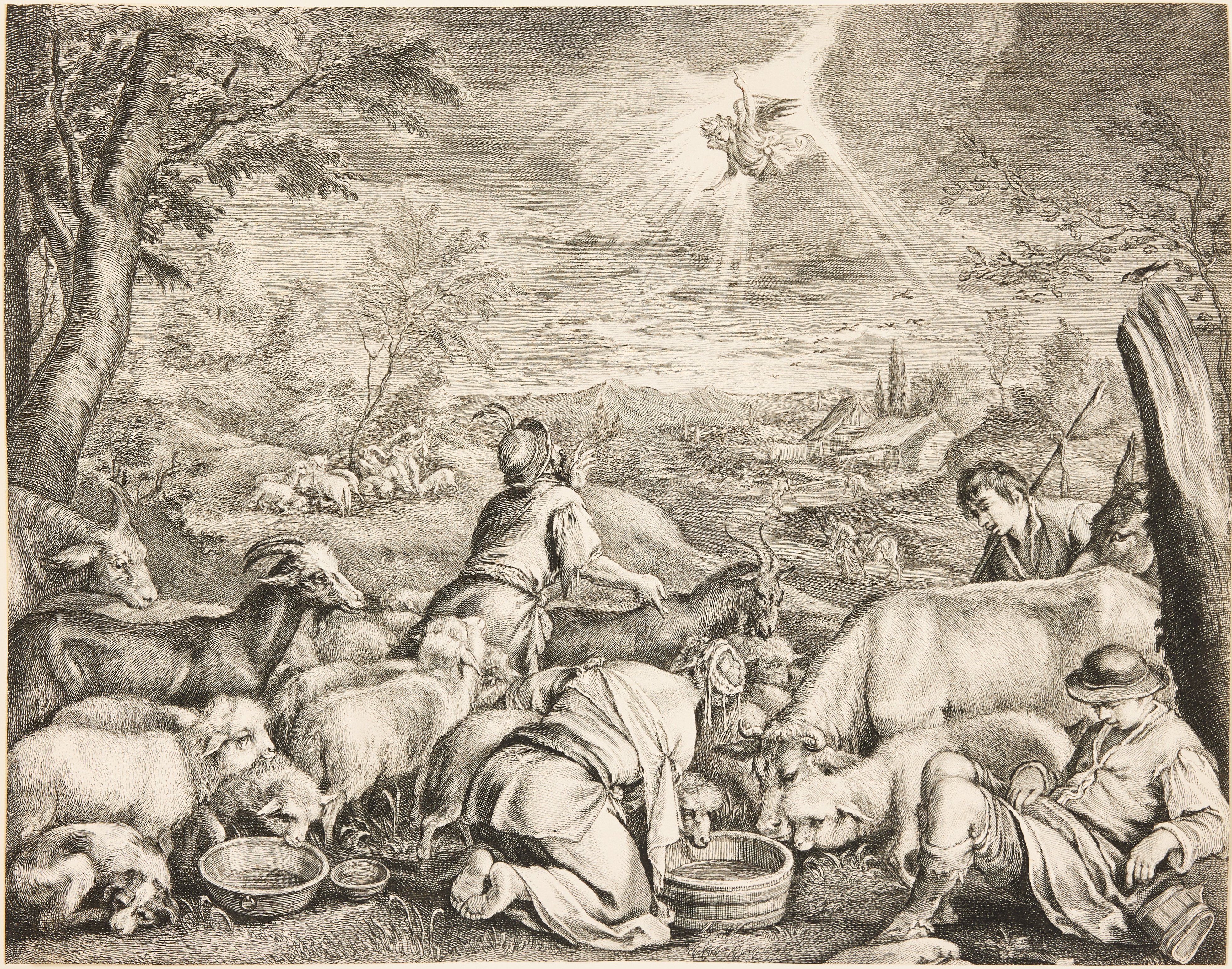 CORNELIS VISSCHER (THE NETHERLANDS CIRCA 1629-1658) AFTER JACOPO BASSANO (ITALY 1510-1592). "The Annunciation to the Shepherds".