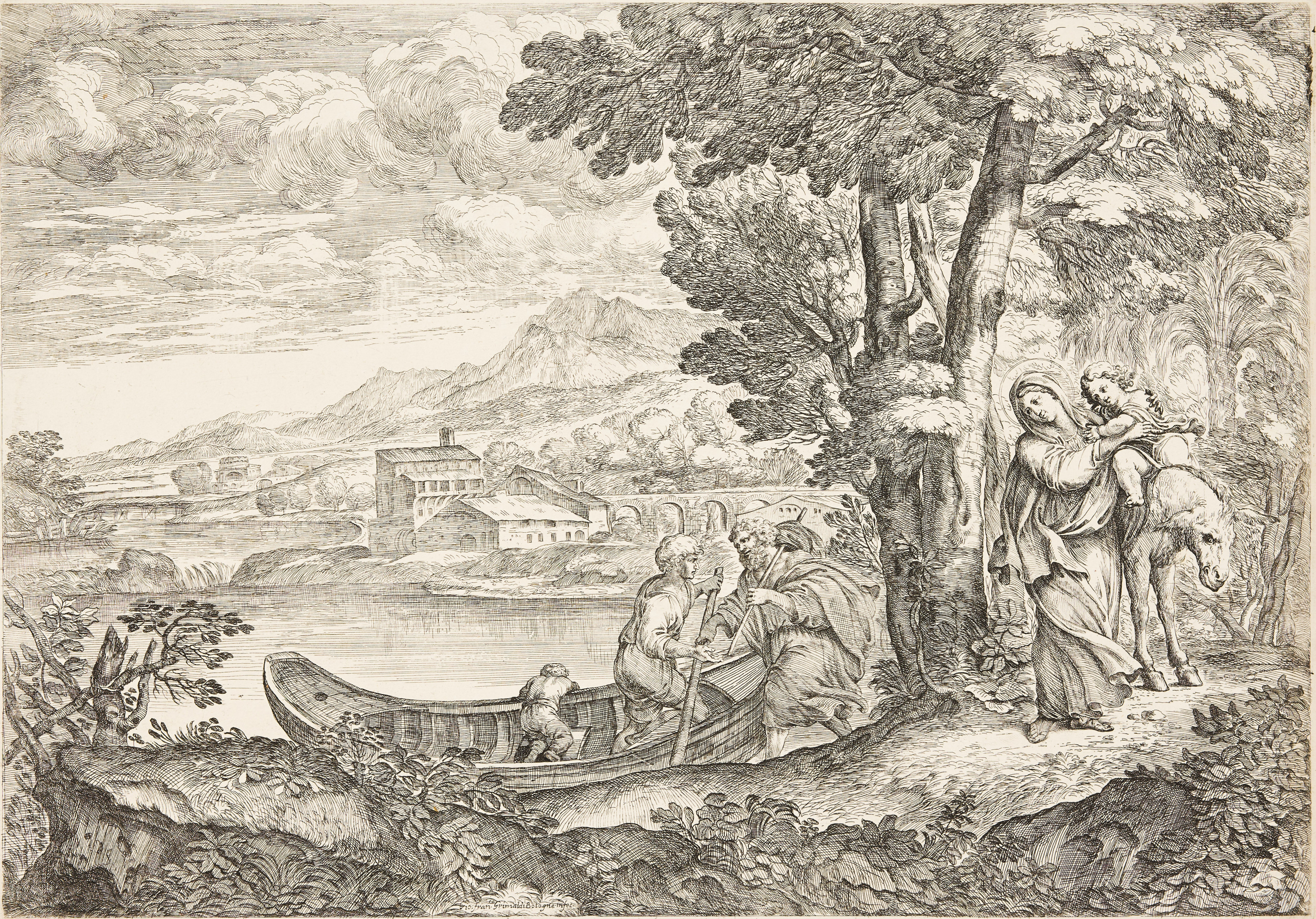 GIOVANNI FRANCESCO GRIMALDI (ITALY 1628-1680). "Landscape with the Flight into Egypt".