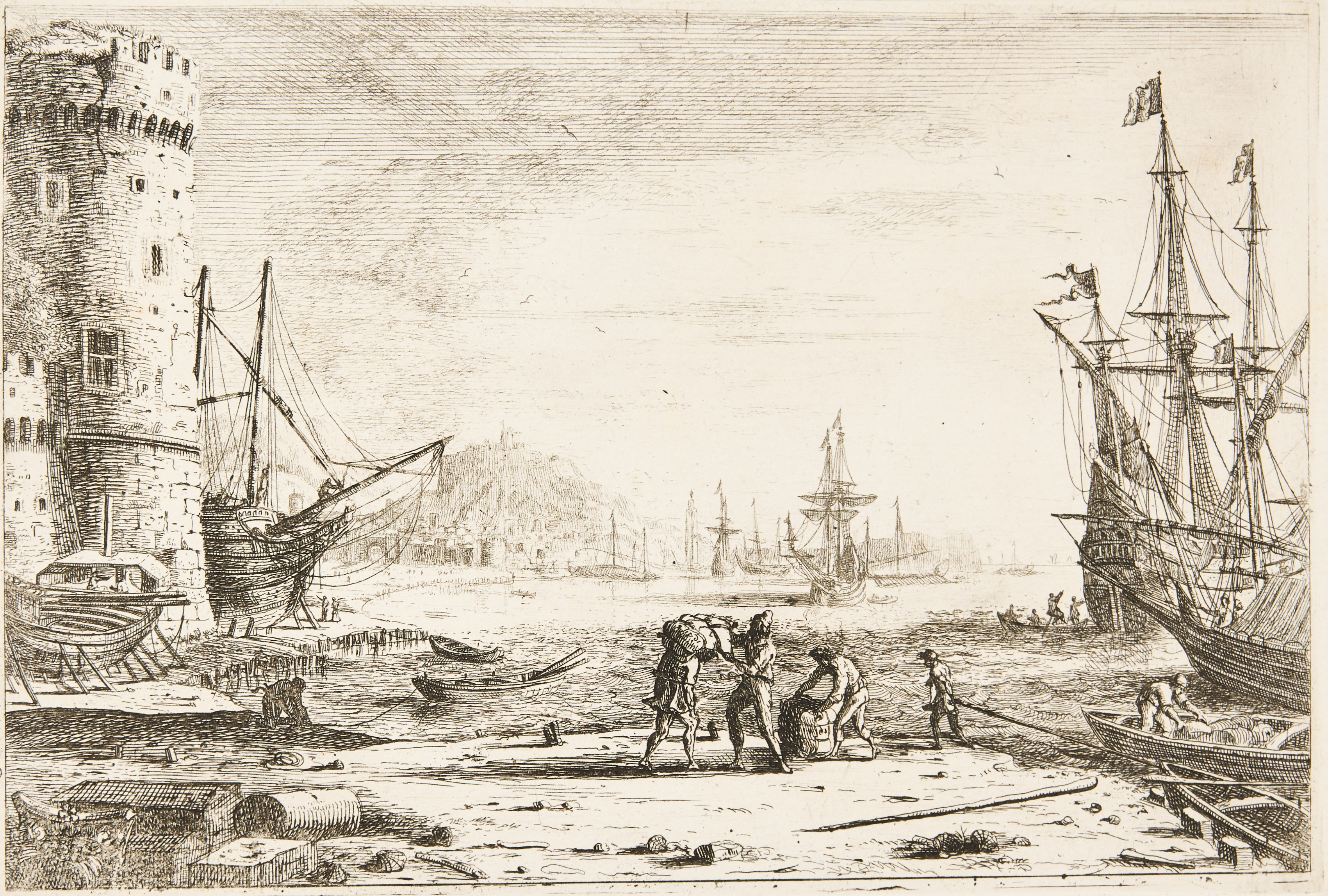 CLAUDE GELLÉE (FRANCE 1600-1682) CALLED LE LORRAIN. "Le Port de mer à la grosse tour".