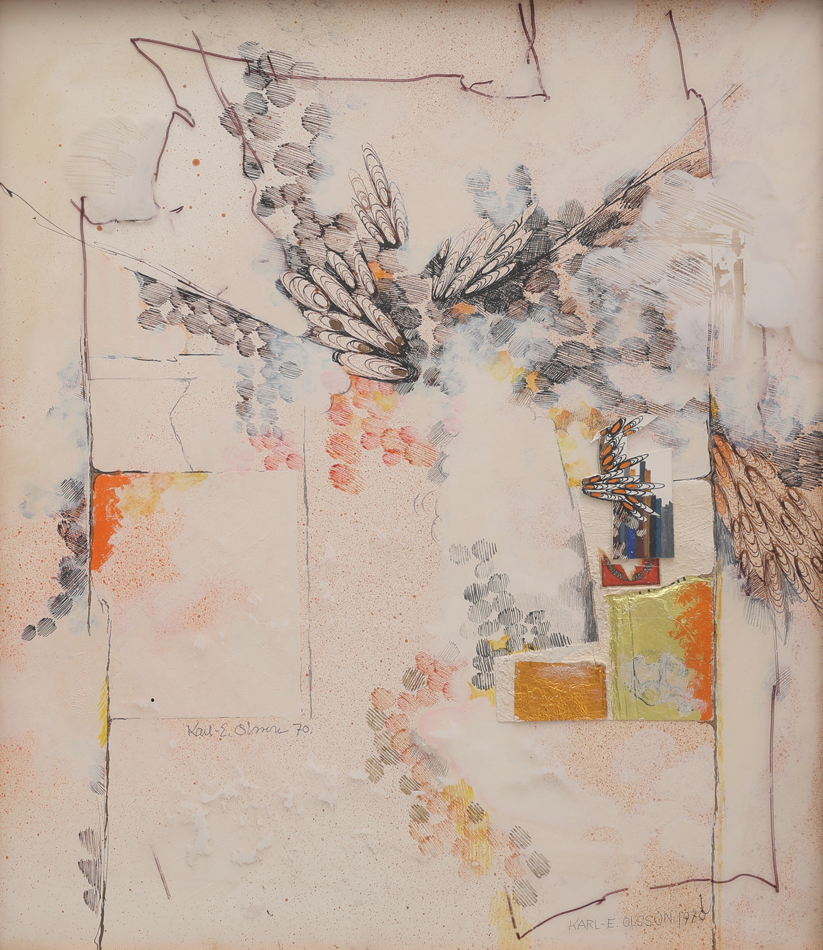 KARL-ERIK OLSSON "SNOGERÖD" 1927-1995. BLANDTEKNIK OCH COLLAGE PÅ PAPPER, "SKÄRA PUFFAR", SIGNERAD OCH DATERAD 1970.