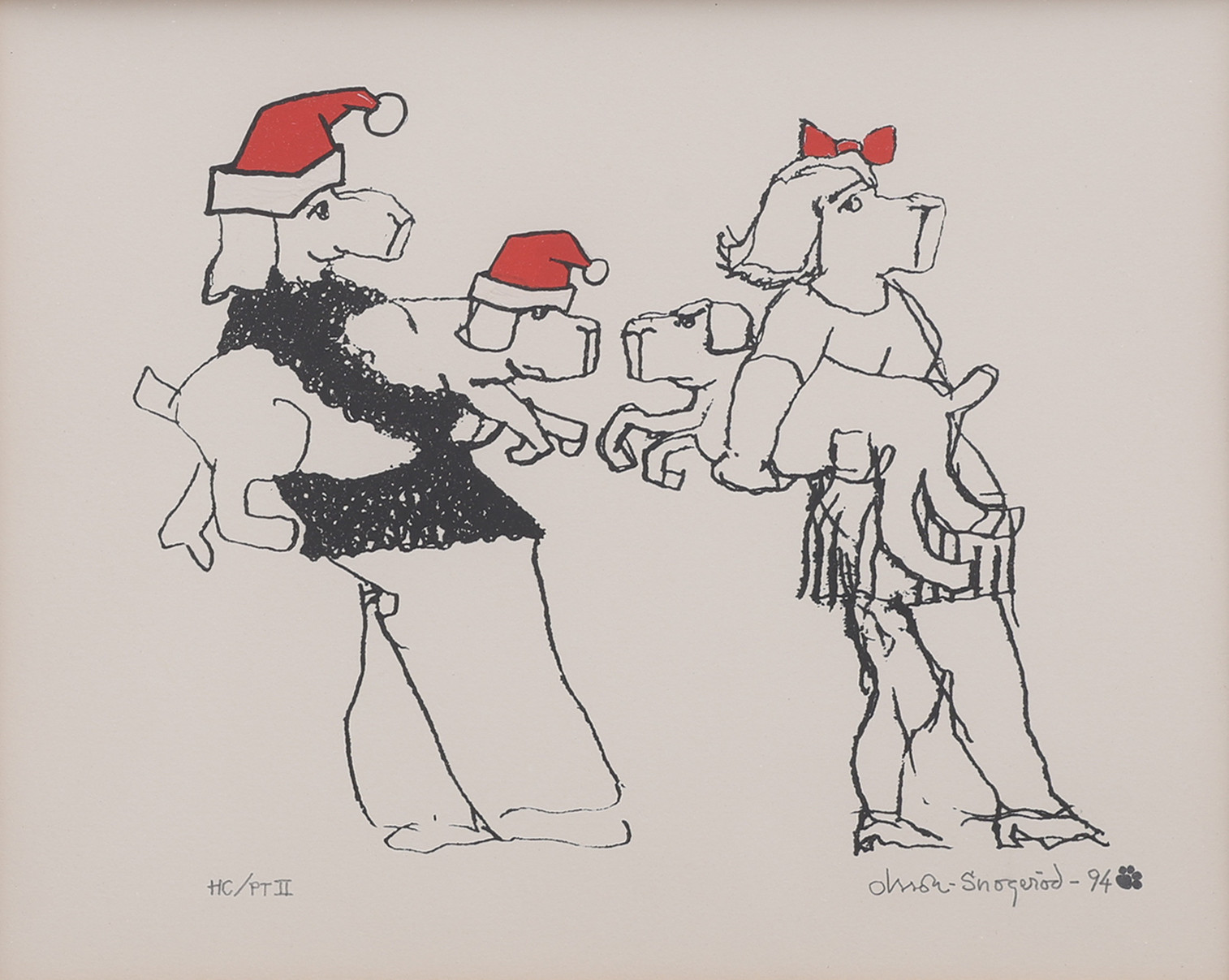 KARL-ERIK OLSSON "SNOGERÖD" 1927-1995. SERIGRAFI, HUNDPERSONER MED HUNDAR, TOMTETEMA, SIGNERAD, NUMRERAD HC/PT II OCH DATERAD 1994.
