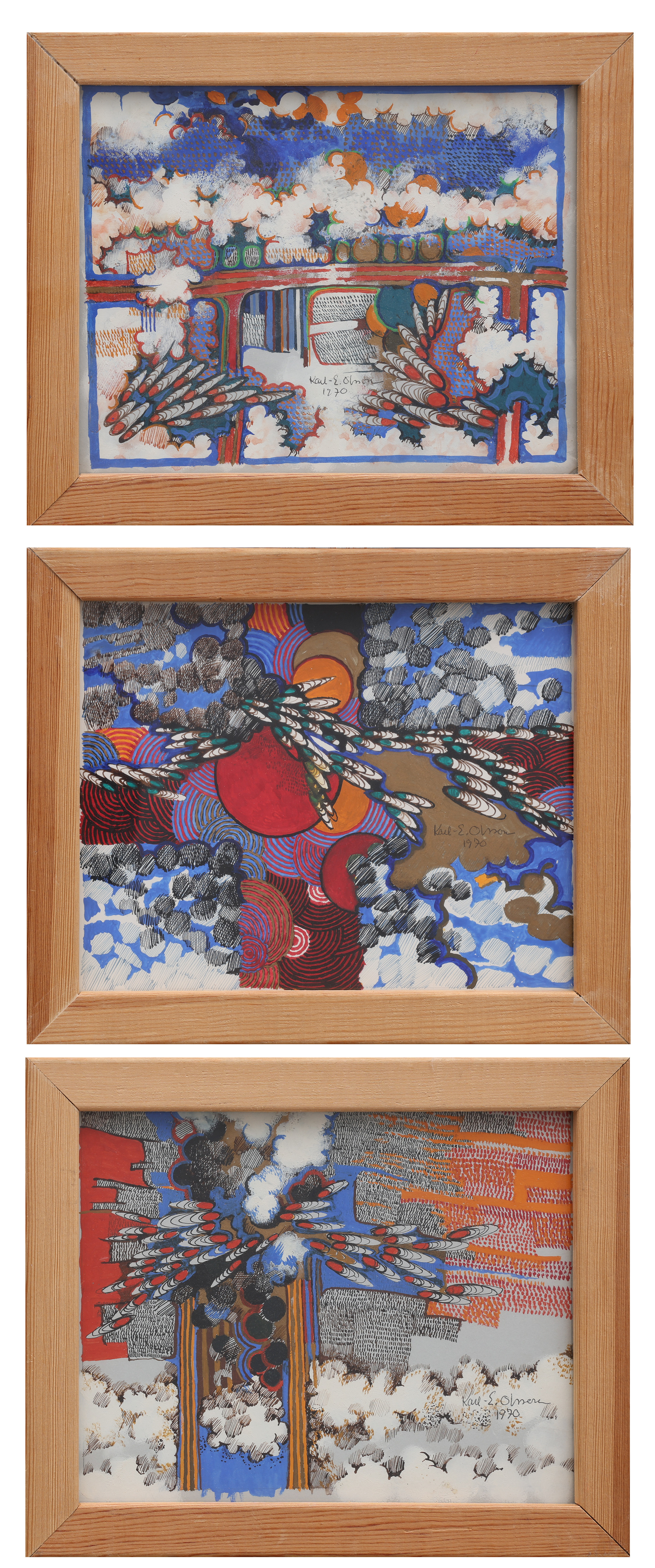 KARL-ERIK OLSSON "SNOGERÖD" 1927-1995. BLANDTEKNIK PÅ PAPPER, TRIPTYK, "BILD FÖR GENOMSNITTSTITTARE I-III", SIGNERADE OCH DATERADE 1970.