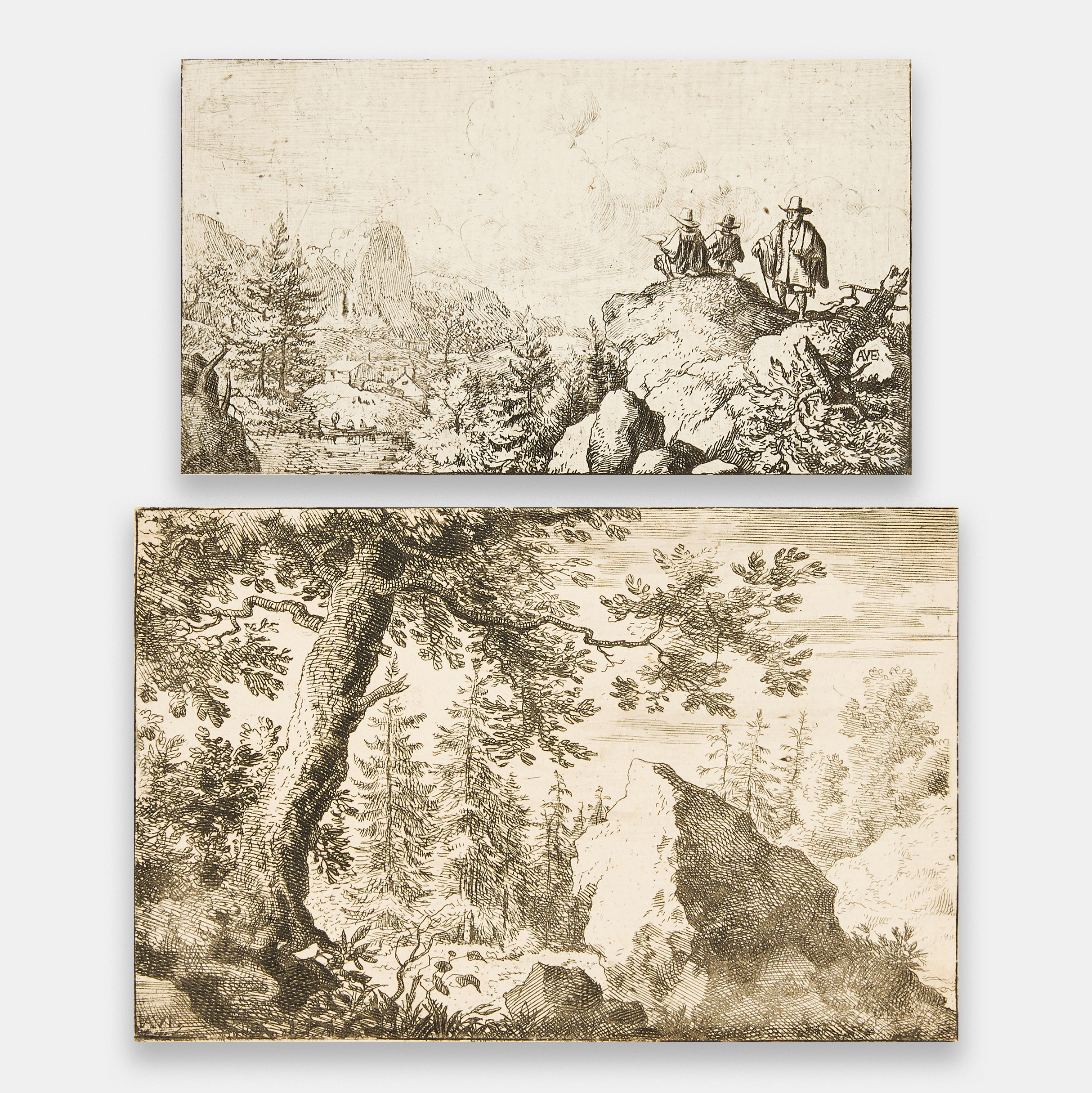 ALLAERT VAN EVERDINGEN (THE NETHERLANDS 1621-1675). Two etchings. "The Man Drawing at the Rock" and "The Boulder in the Woods".