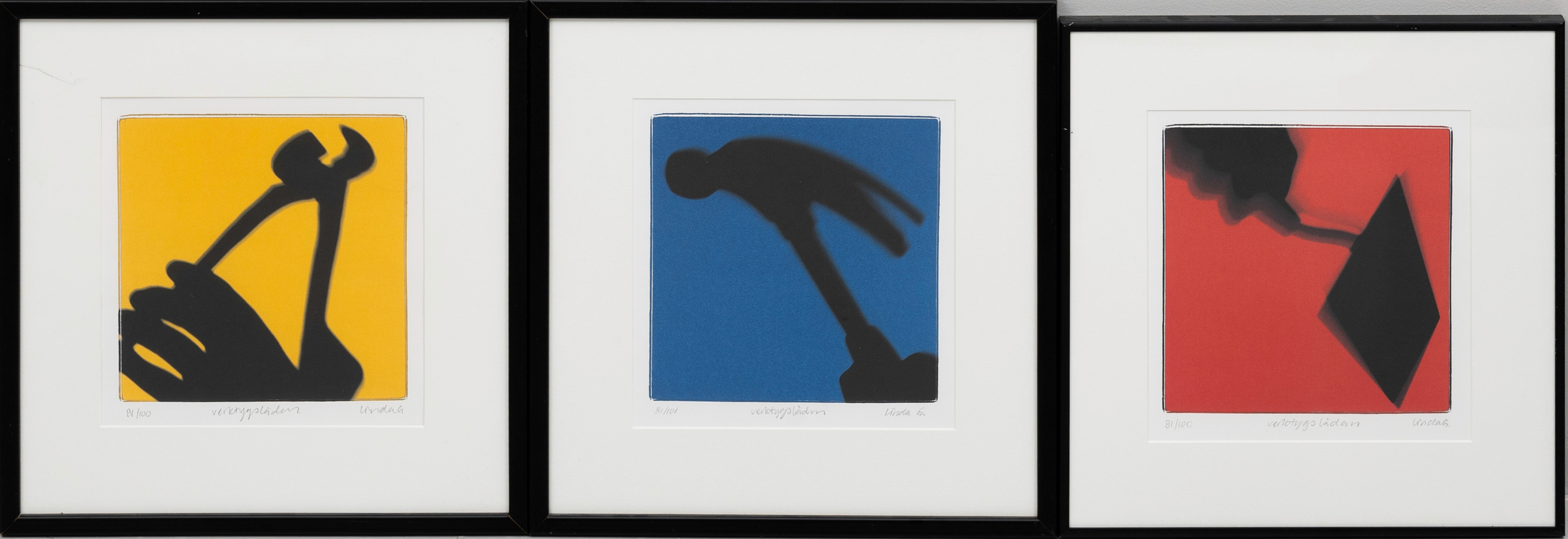 OIDENTIFIERAD KONSTNÄR. 3 st, "Verktygslådan" signerad Linda G. numrerade 81/100.