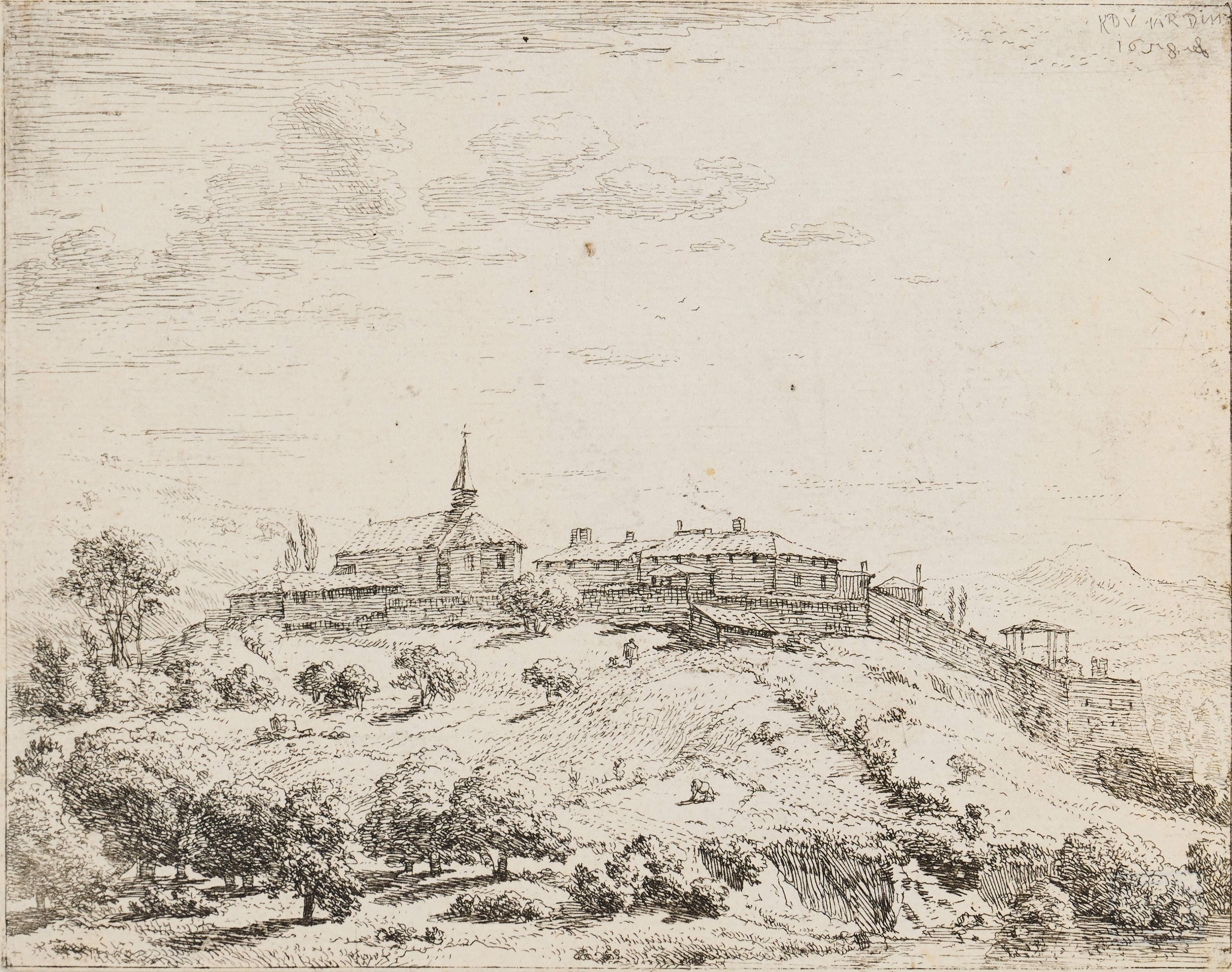 KAREL DUJARDIN (THE NETHERLANDS 1622-1678). "Walled Village on a Hill".