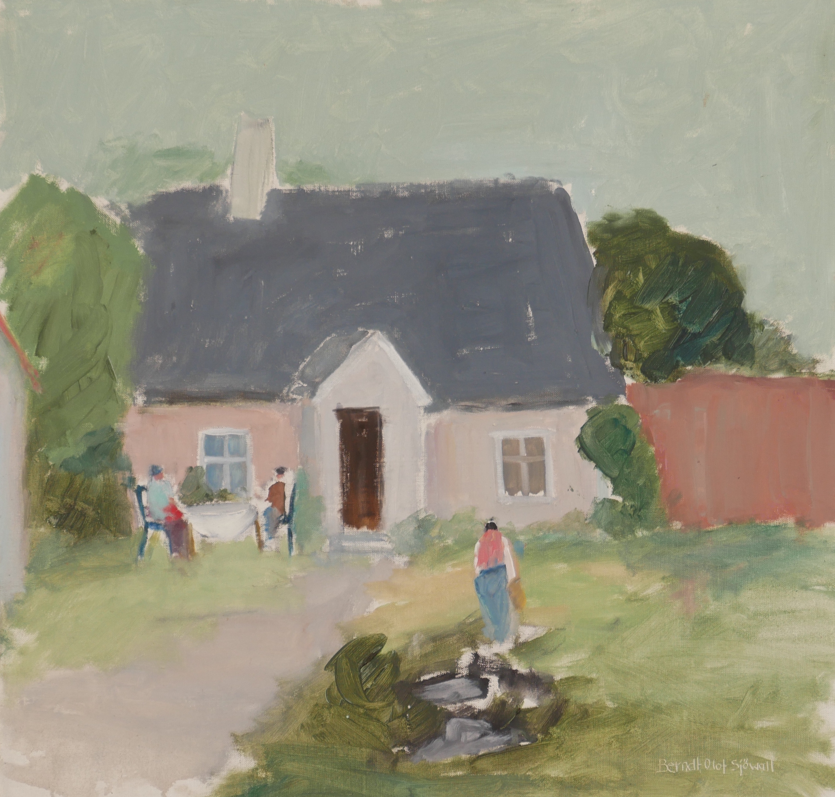 BERNDT OLOF SJÖWALL. "Gårdsinteriör Småland", olja på pannå, signerad.