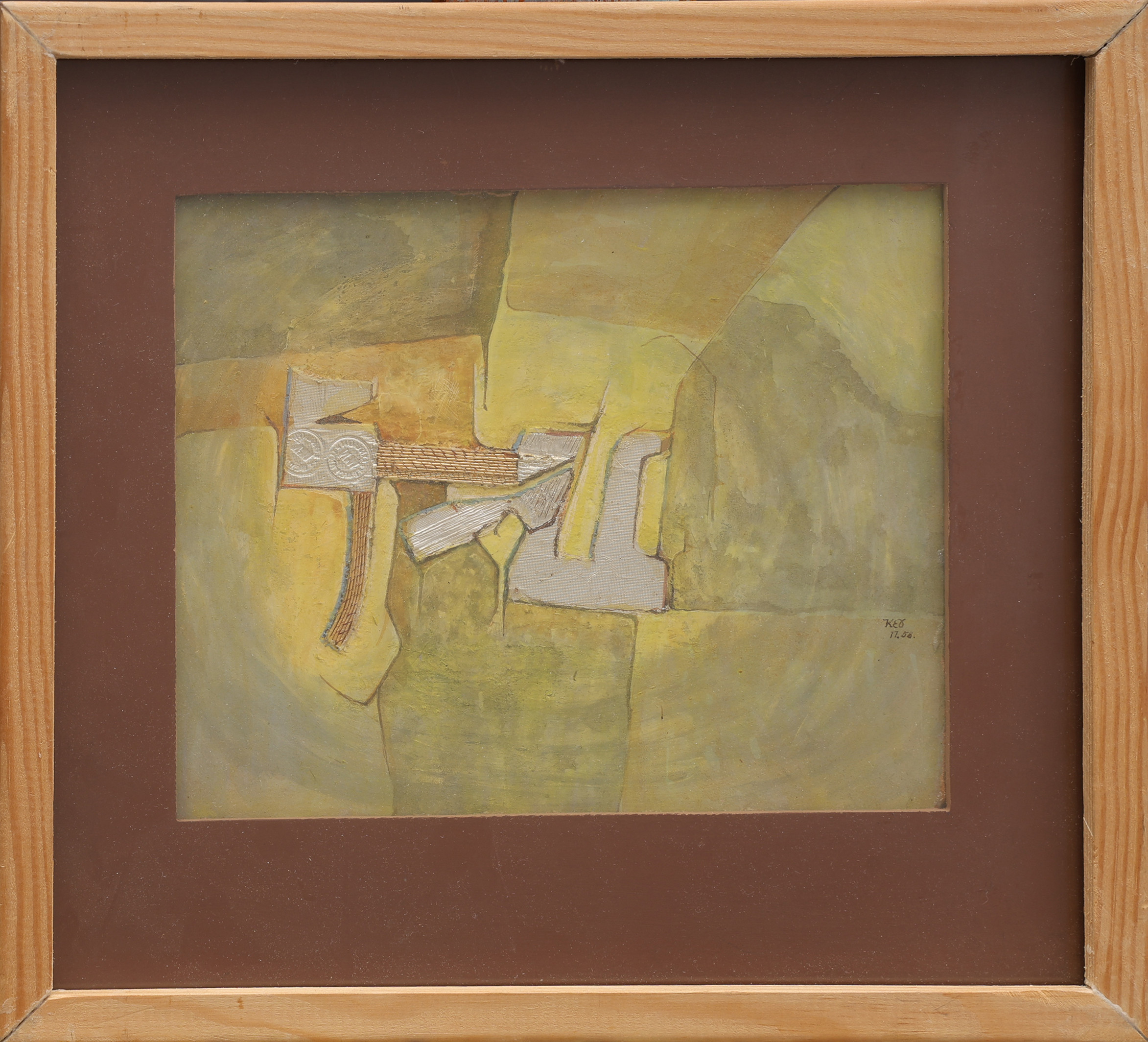 KARL-ERIK OLSSON "SNOGERÖD" 1927-1995. BLANDTEKNIK OCH COLLAGE PÅ PAPPER, "GULT MED GULD", MONOGRAMSIGNERAD OCH DATERAD 1956.