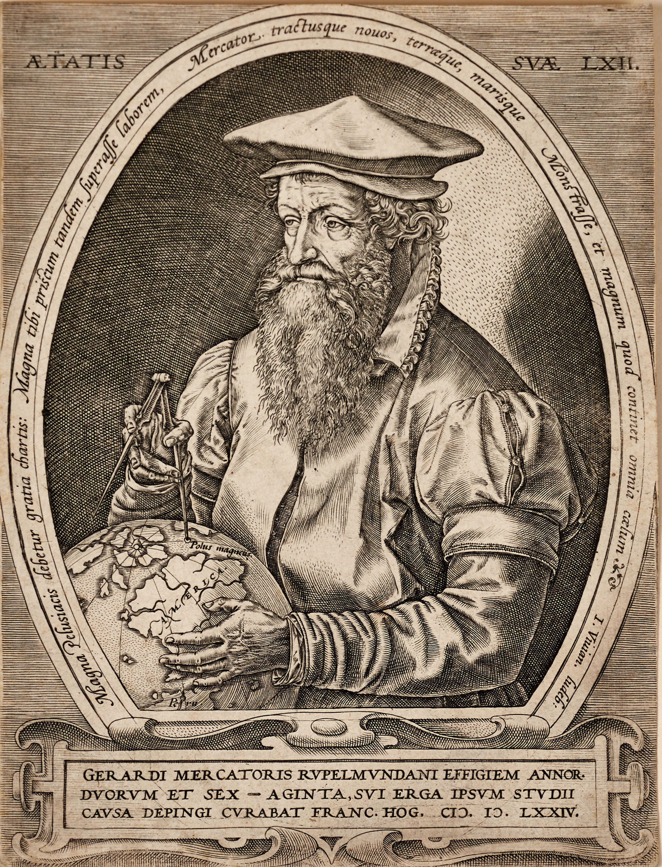 FRANS HOGENBERG. Porträtt av kartografen Mercator, kopparstick, sent 1500-tal.