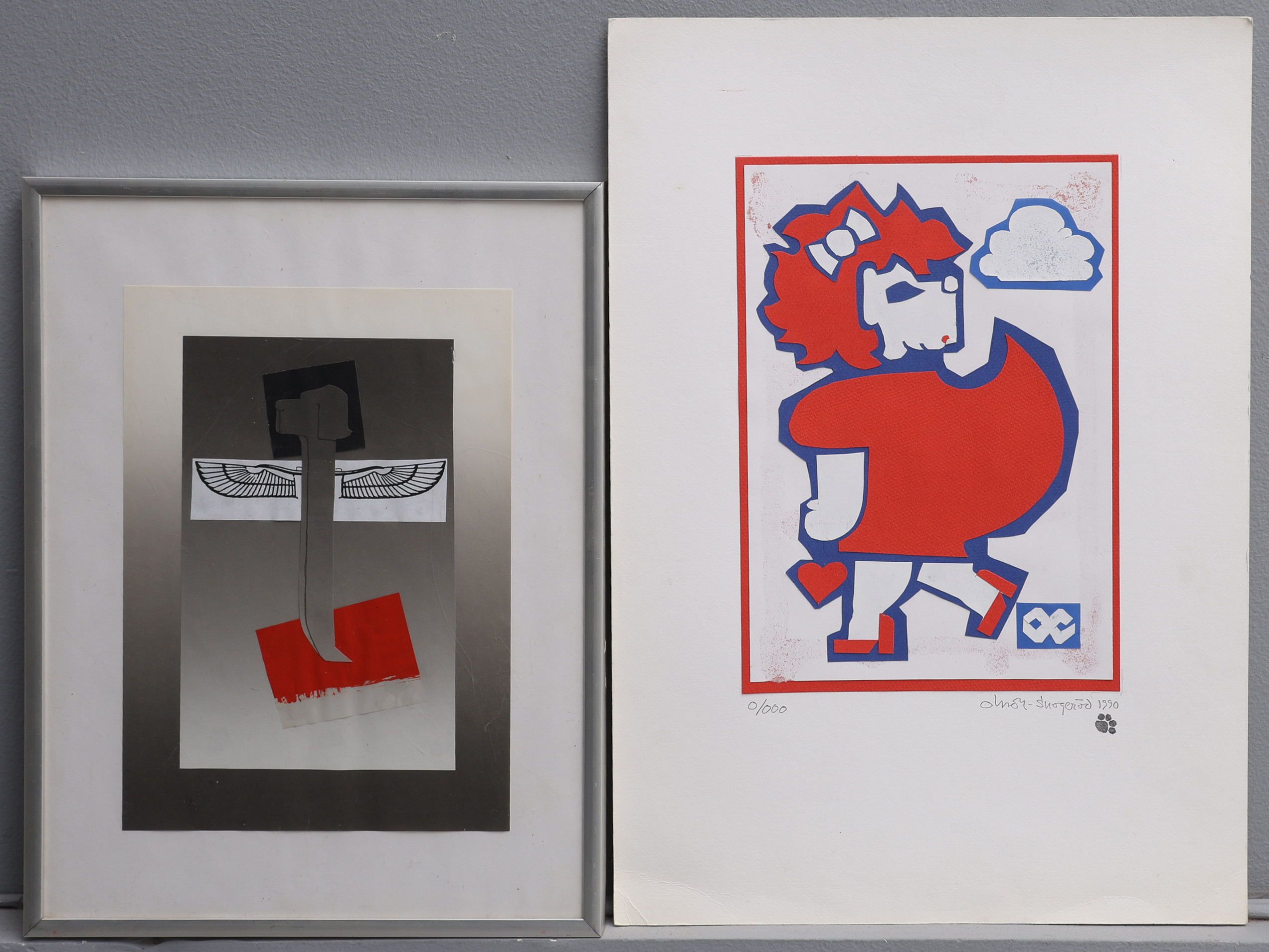 KARL-ERIK OLSSON "SNOGERÖD" 1927-1995. TVÅ COLLAGE, VARAV ETT SIGNERAT, NUMRERAT 0/000 [SIC!] OCH DATERAT 1990.