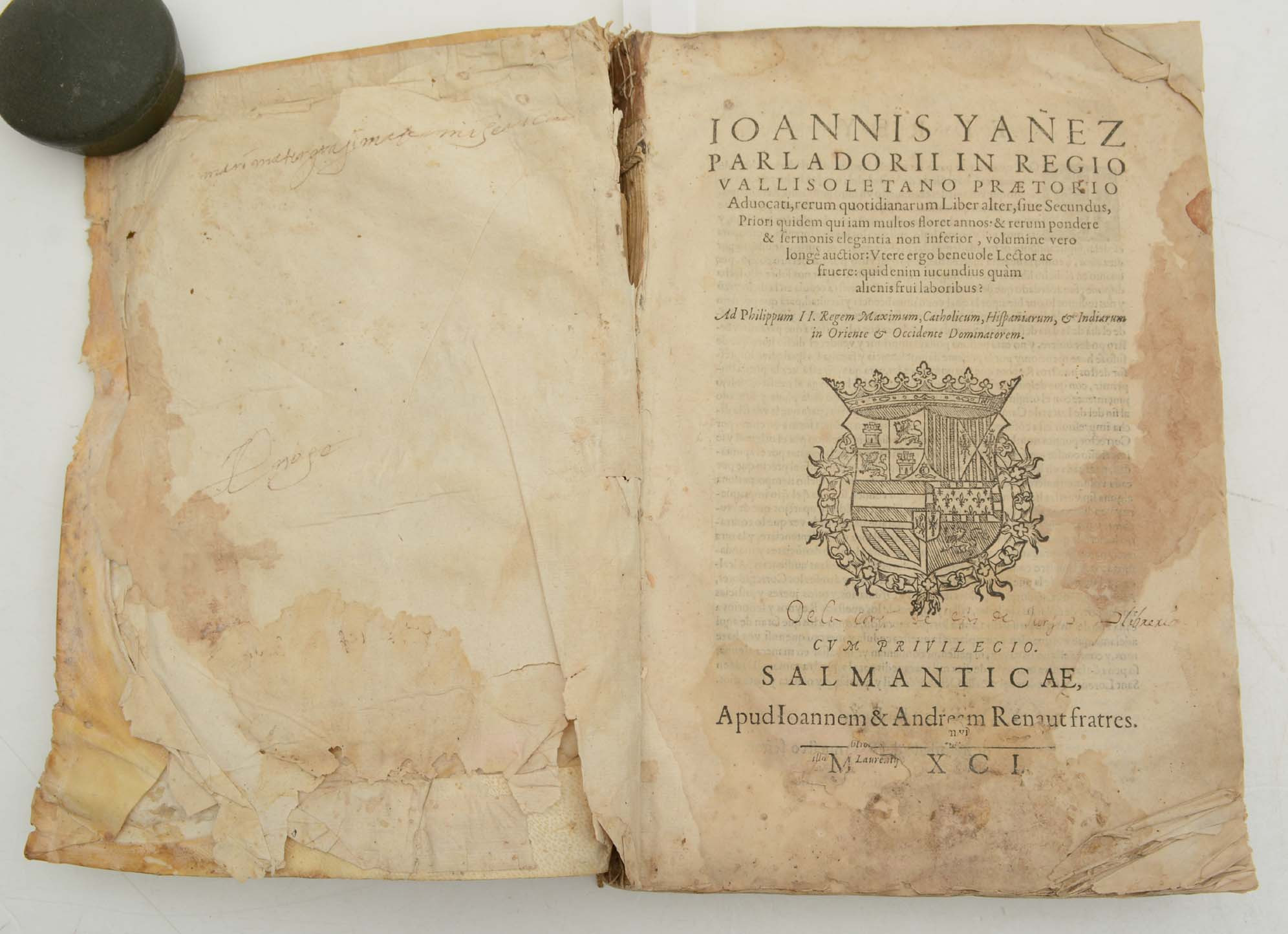 YÁÑEZ PARLADORIO, JUAN. Ioannis Yañez Parladorii in regio vallisoletano praetorio aduocati, rerum quotidianarum Liber alter, sive Secundus, Priori quidem qui iam multos floret annos: & rerum pondere & sermonis elegantia non inferior volumine vero longe auctior:.