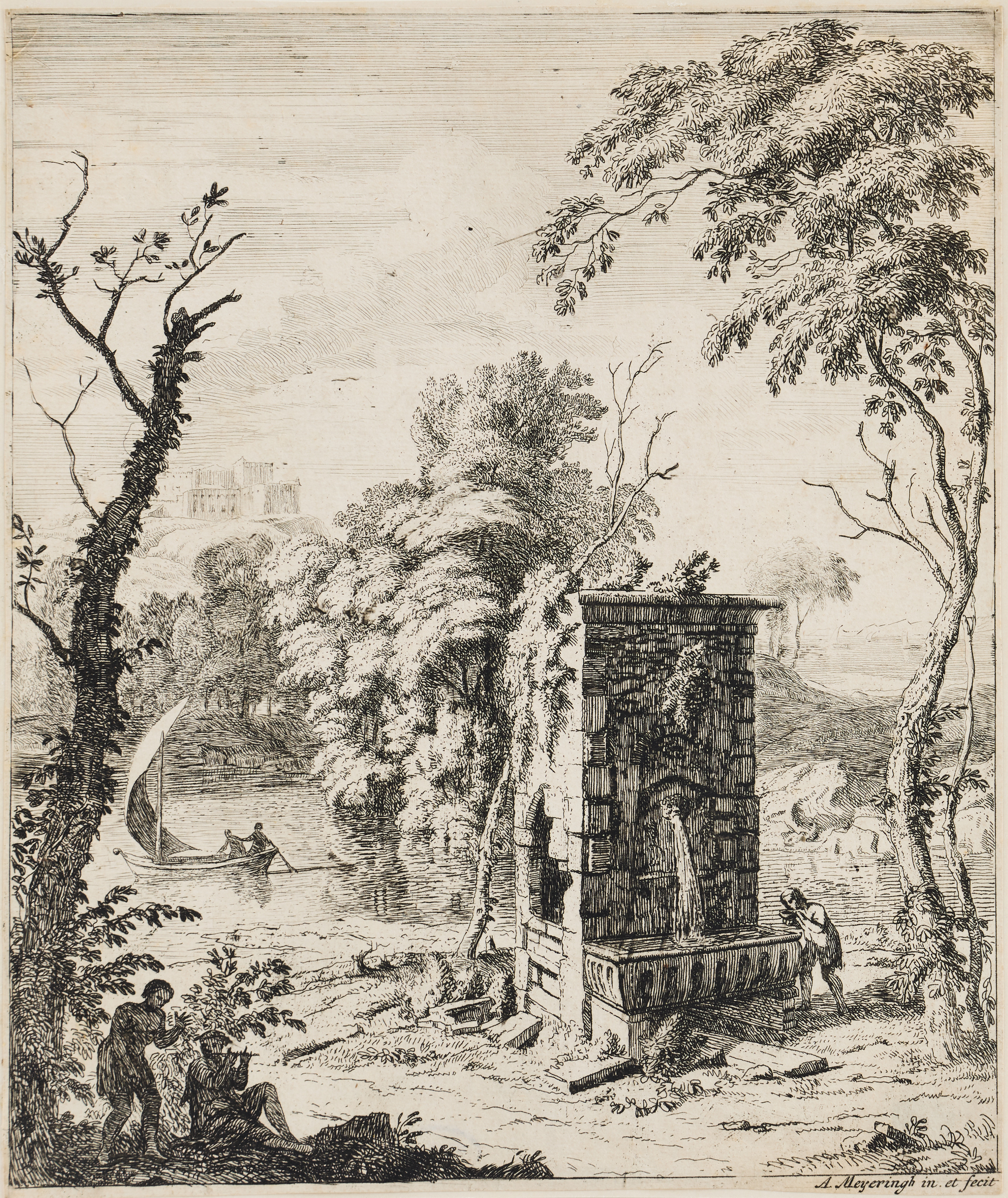 ALBERT MEYERING (THE NETHERLANDS 1645-1714). "Landscape with a Fountain and a River".