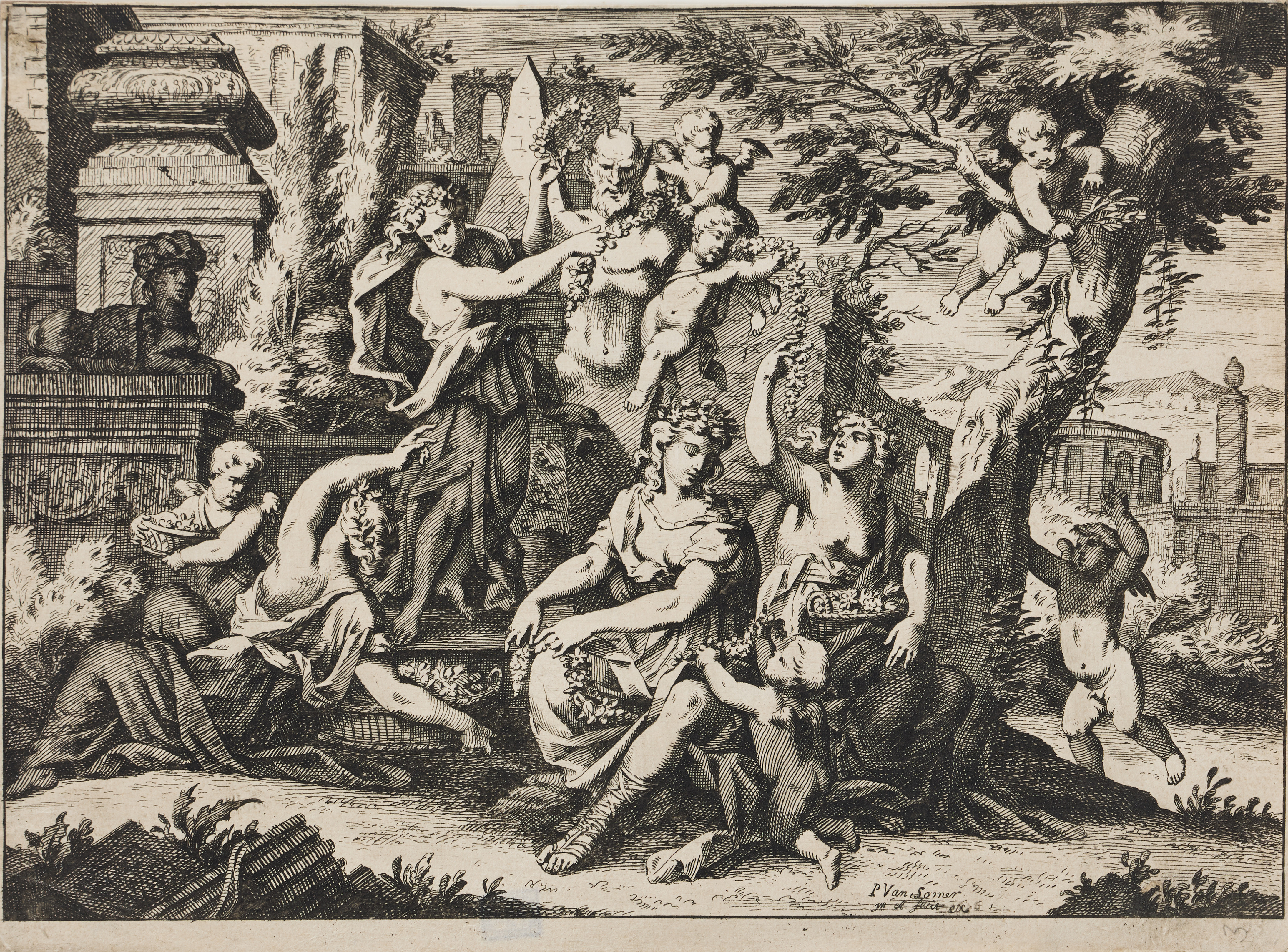 PAUL VAN SOMER II (THE NETHERLANDS 1649-1714). "Four Women in a Classical Setting with Putti and Garlands".