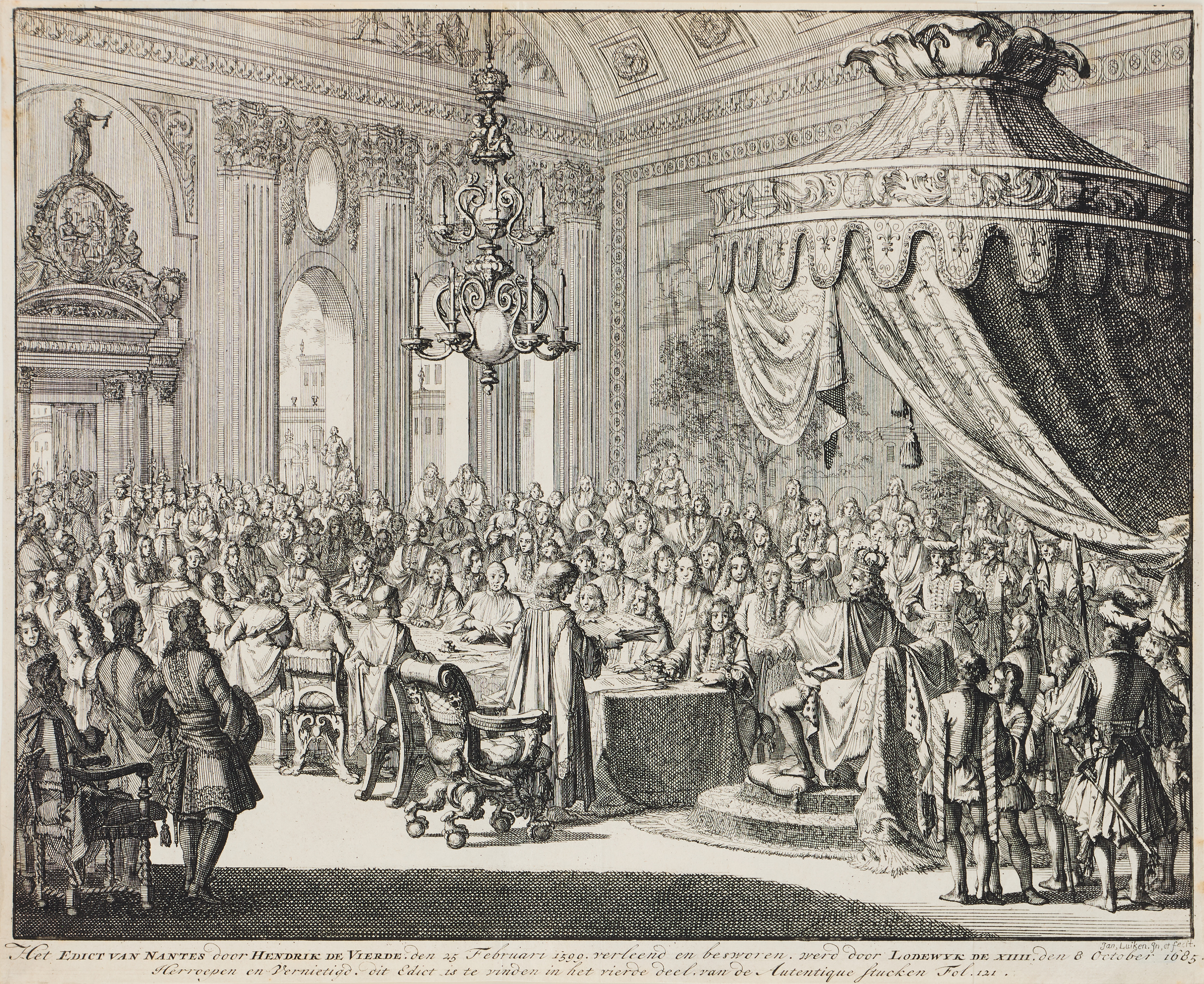 JAN LUYKEN (THE NETHERLANDS 1649-1712). "King Louis XIV of France Revoking the Edict of Nantes".