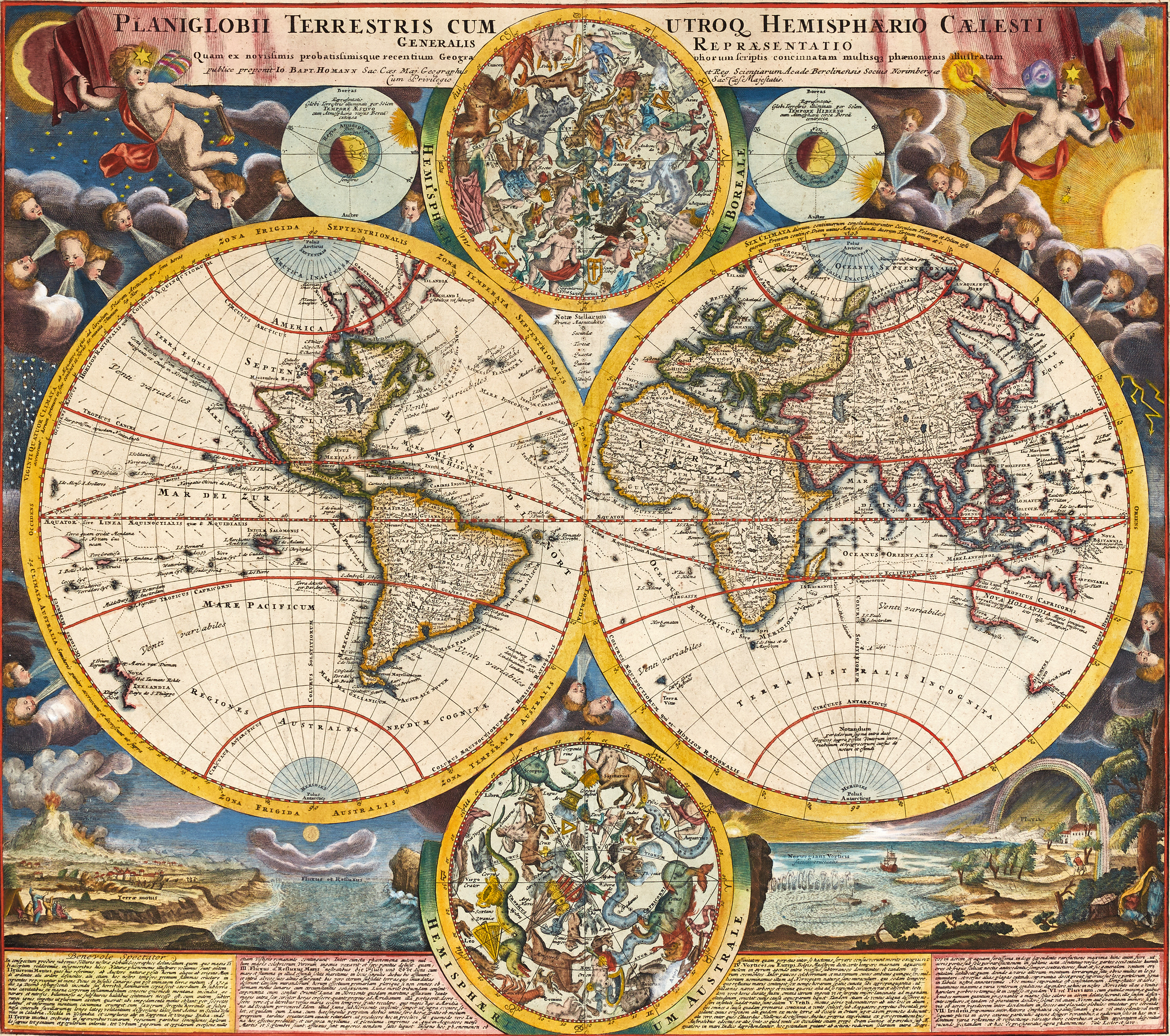 HOMANN, Planiglobi Terrestris Cum Utroq Hemisphærio Cælesti Generalis Repræsentatio, Nürnberg ca 1720.