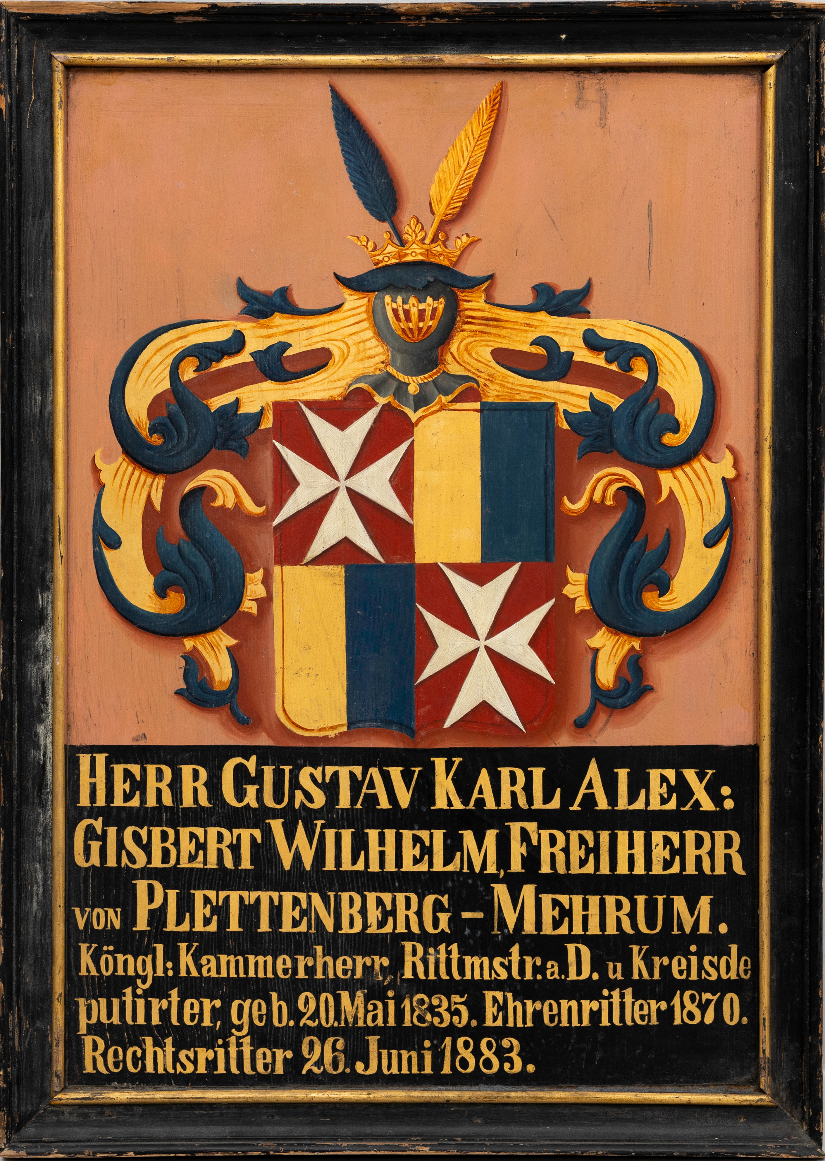 VAPENSKÖLD, för Herr Gustav Karl Alex Gisbert Wilhelm, Johanniterorden, olja på pannå, 1800-talets andra hälft.