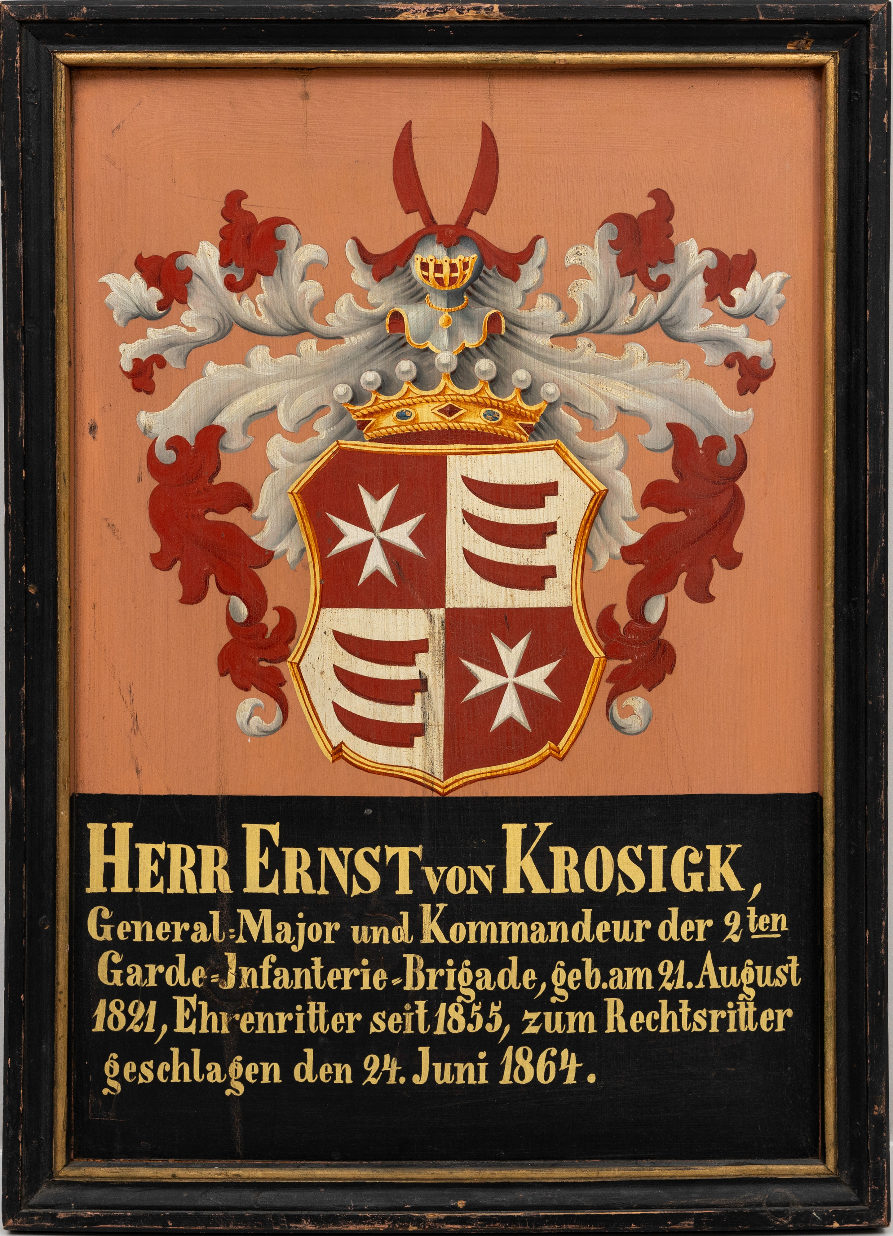VAPENSKÖLD för Herr Ernst von Krosigk, Johanniterorden, olja på pannå, 1800-talets andra hälft.