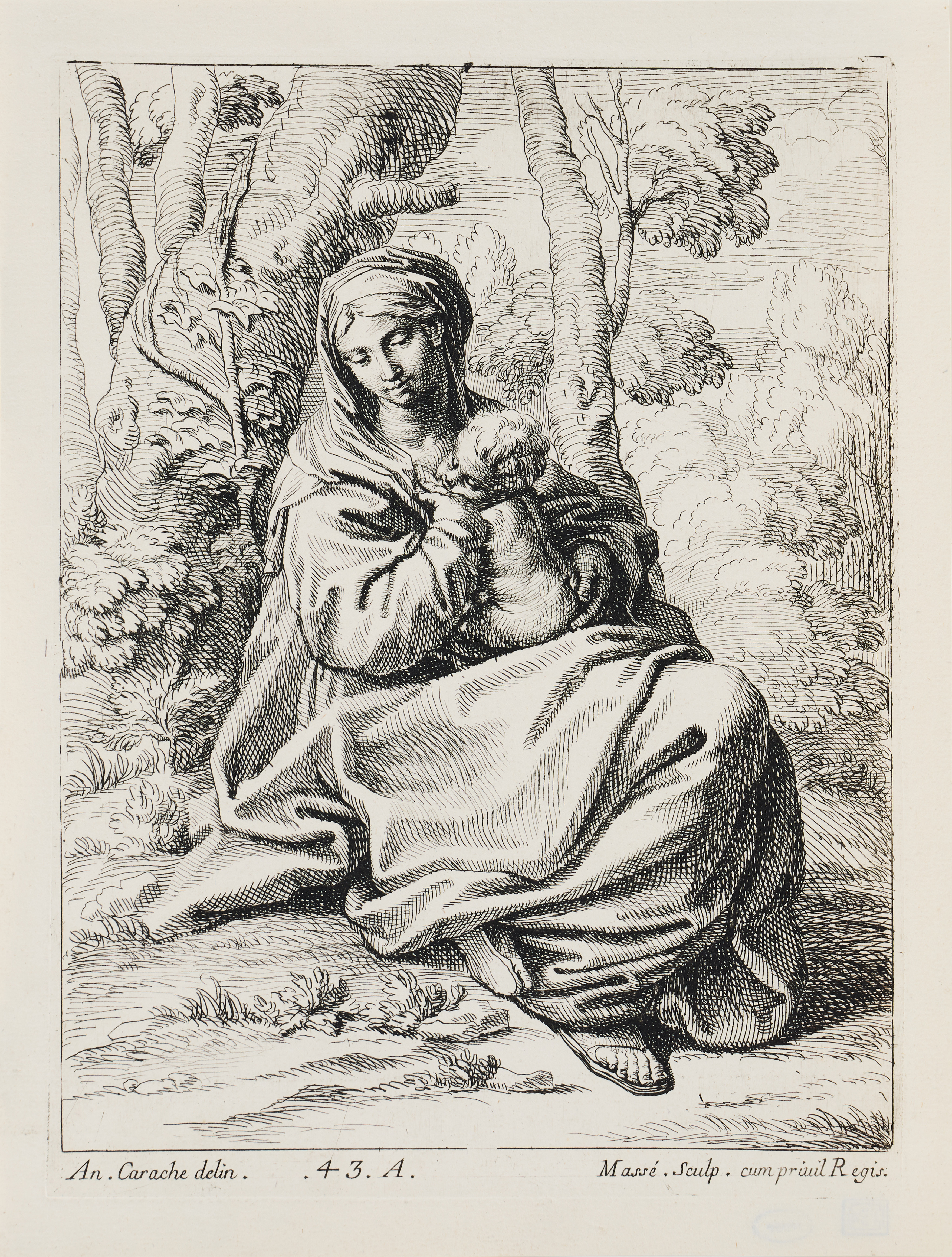 JEAN BAPTISTE MASSÉ (FRANCE 1687-1767) AFTER ANNIBALE CARRACCI (ITALY 1560-1609). "Virgin and Child Seated in a Landscape".