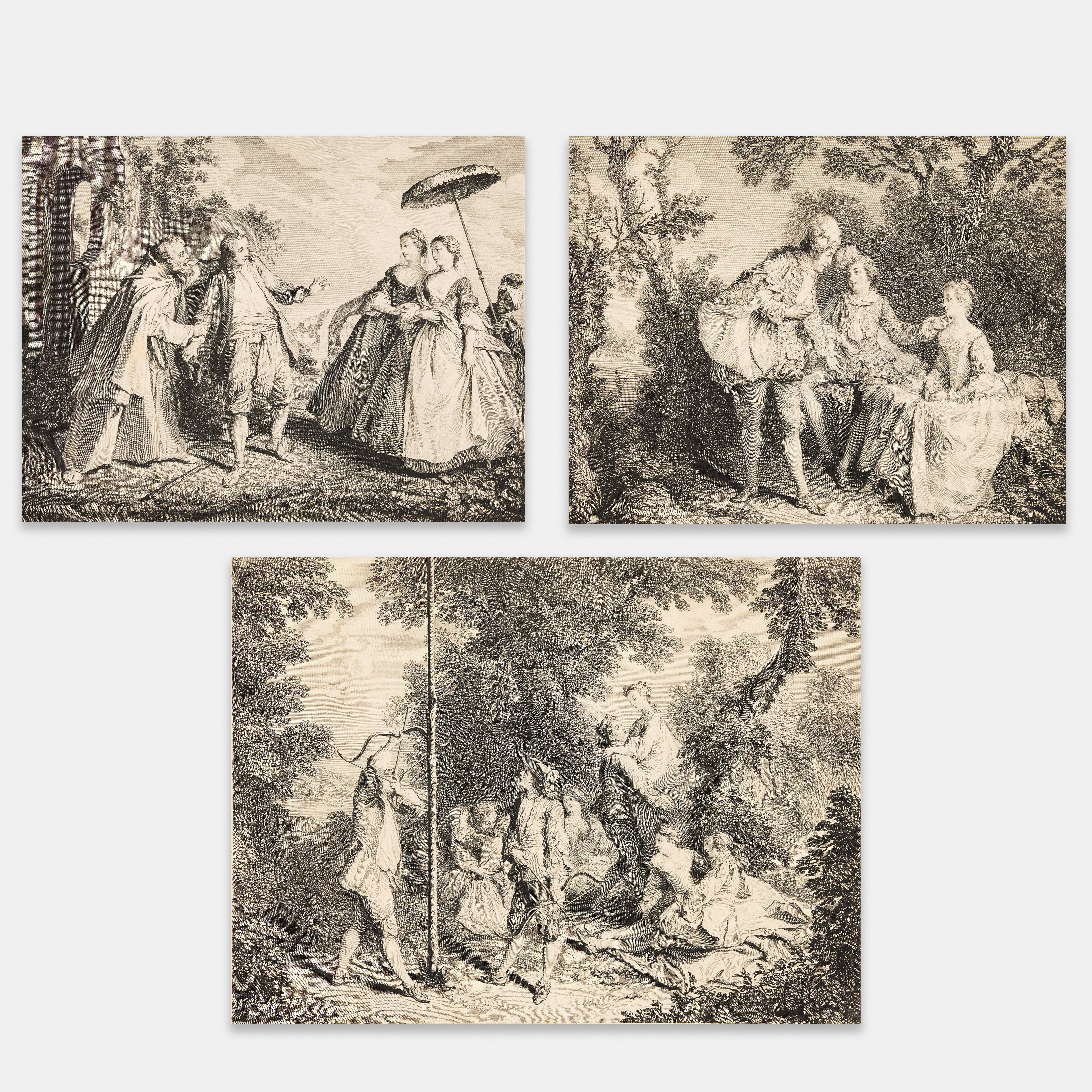 NICOLAS DE LARMESSIN IV (FRANCE 1684-1755) AFTER NICOLAS LANCRET (FRANCE 1690-1743). Three engravings with etching. ""La Jeunesse", "Les Deux Amis", and "Les Oyes de Frère Philippe".