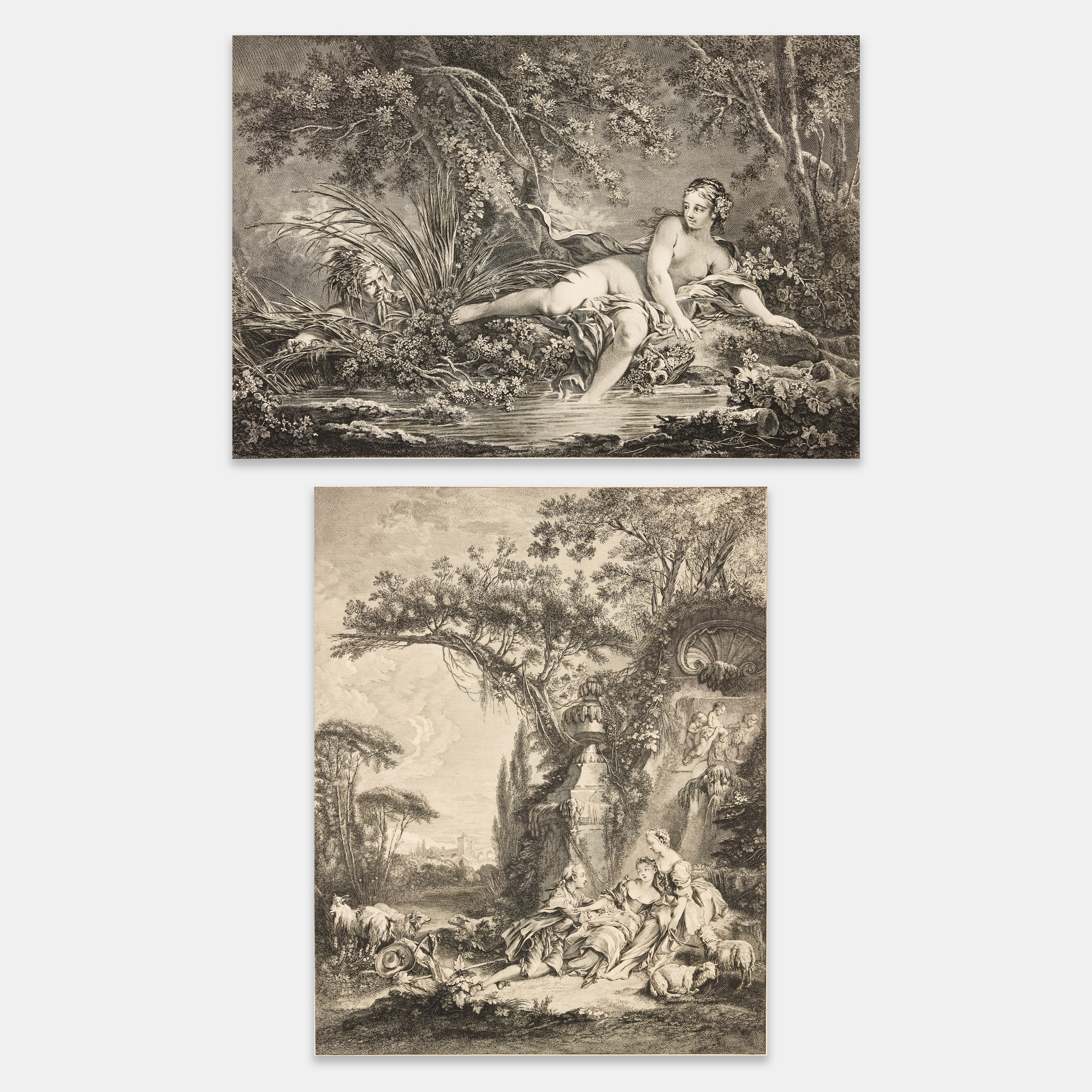 JEAN DAULLÉ FRANCE 1703-1763) AFTER FRANÇOIS BOUCHER (FRANCE 1703-1770). Two engravings with etching. "Les Charmes de la Vie Champêtre" and "La Baigneuse Surprise".