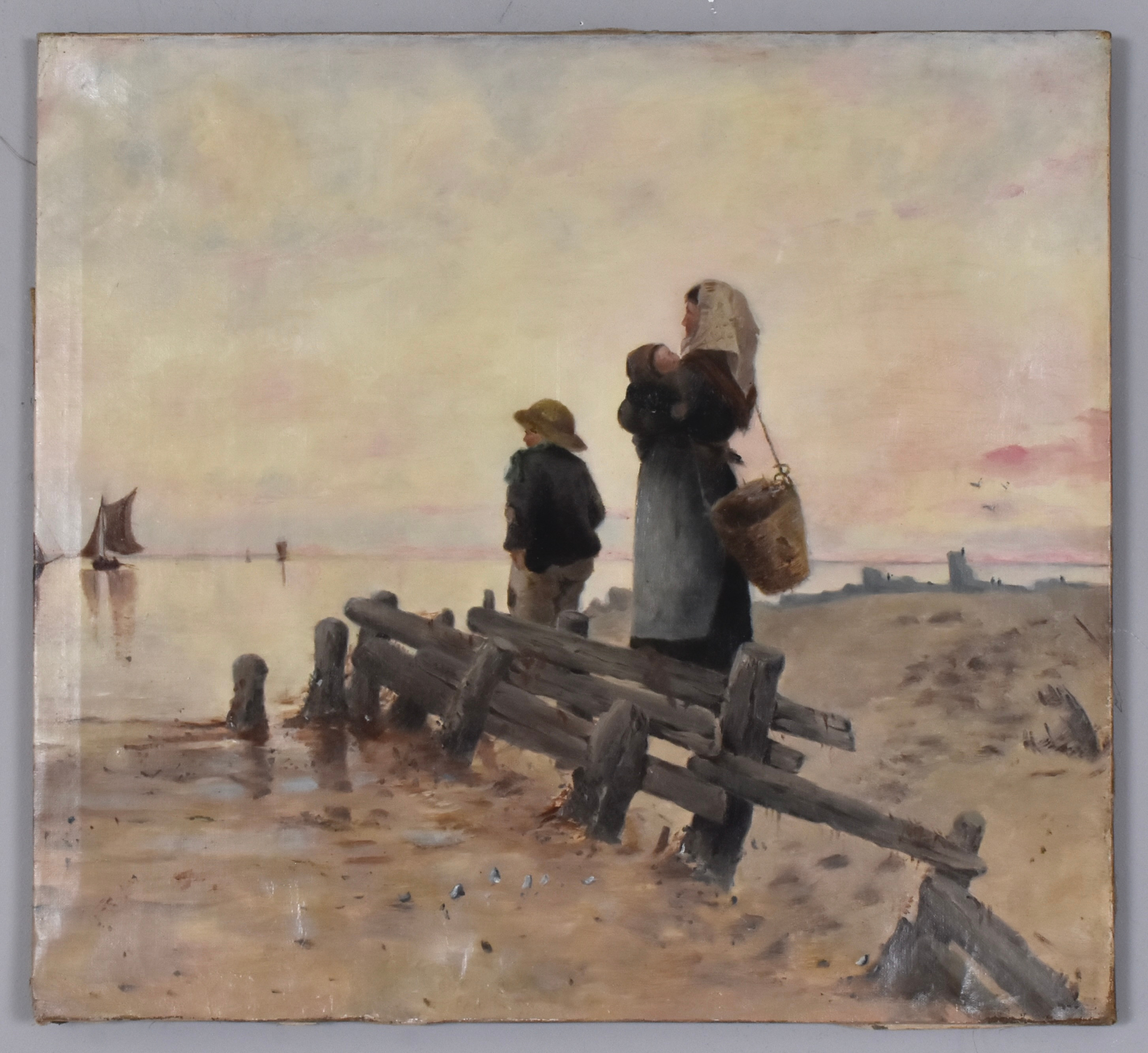 FRITHIOF SMITH-HALD. TILLSKRIVEN. oljemålning på duk, fiskarkvinna och barn på strand.