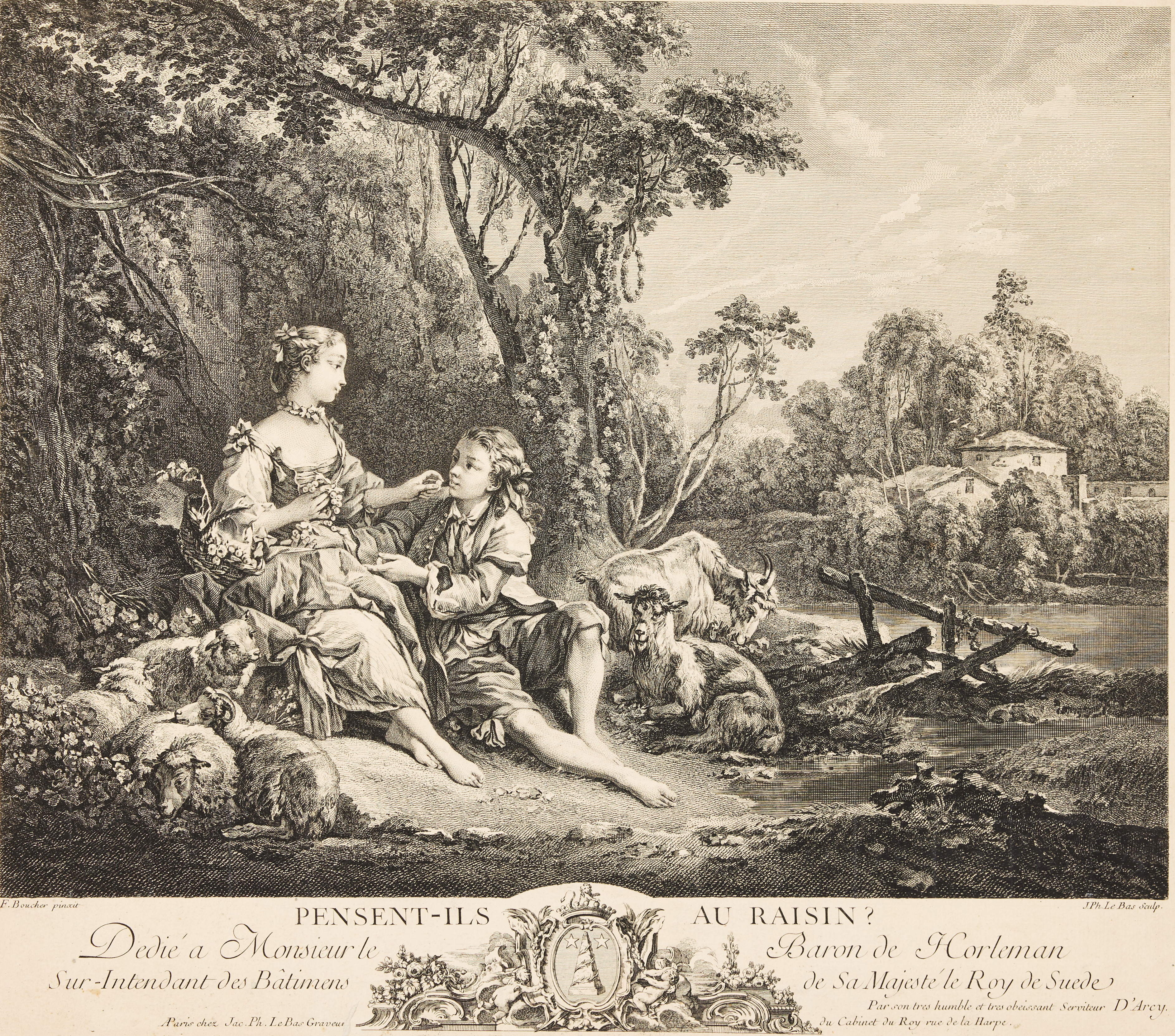 JACQUES PHILIPPE LE BAS (FRANCE 1707-1783) AFTER FRANÇOIS BOUCHER (1703-1770). "Pensant-ils au Raisin? (Are They Thinking About the Grape?)".