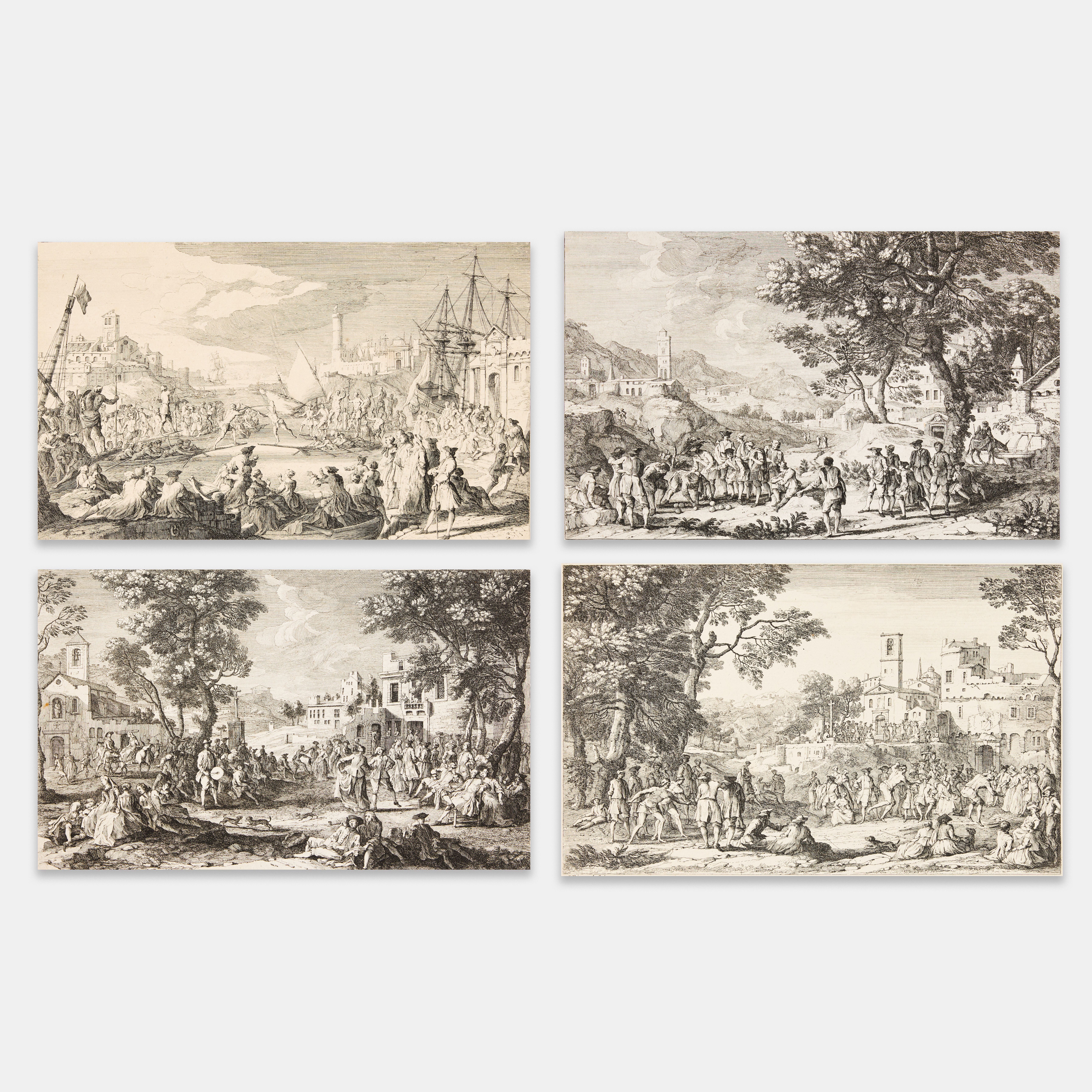 JACQUES RIGAUD (FRANCE CIRCA 1681-1753). Four etchings. "Les Trois Sauts", "La Bastide", "La Boule", and "La Joute".