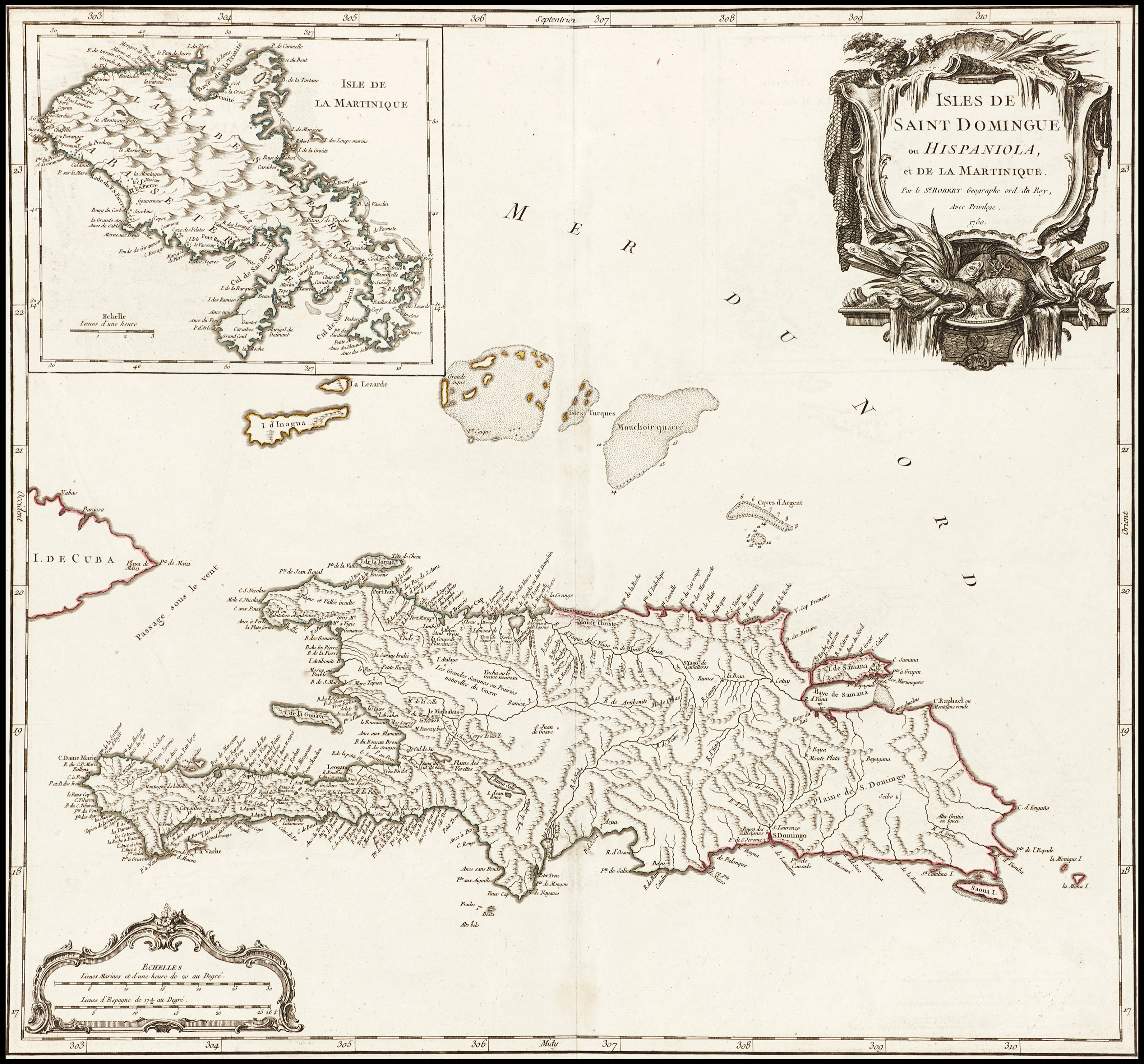 ROBERT DE VAUGONDY, Isles de Saint Domingue ou Hispaniola, et De La Martinique, 1750.