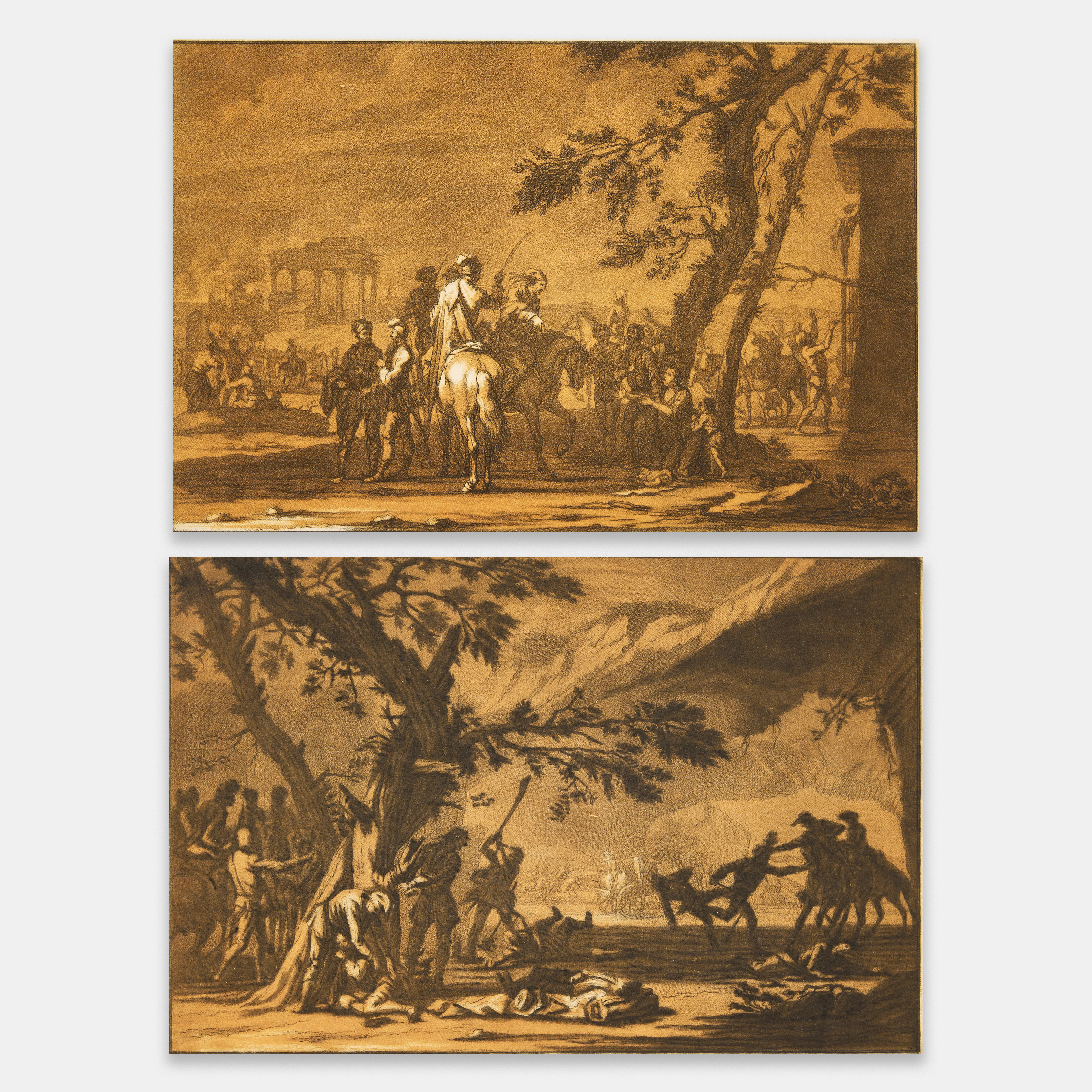 CHRISTIAN RUGENDAS (GERMANY 1708-1781) AFTER GEORG PHILIPP RUGENDAS I (GERMANY 1666-1742). Two color aquatints. "Battle Scene with Men on Horseback and Civilians by a Tree" and "Battle Scene with a Skirmish under a Tree".