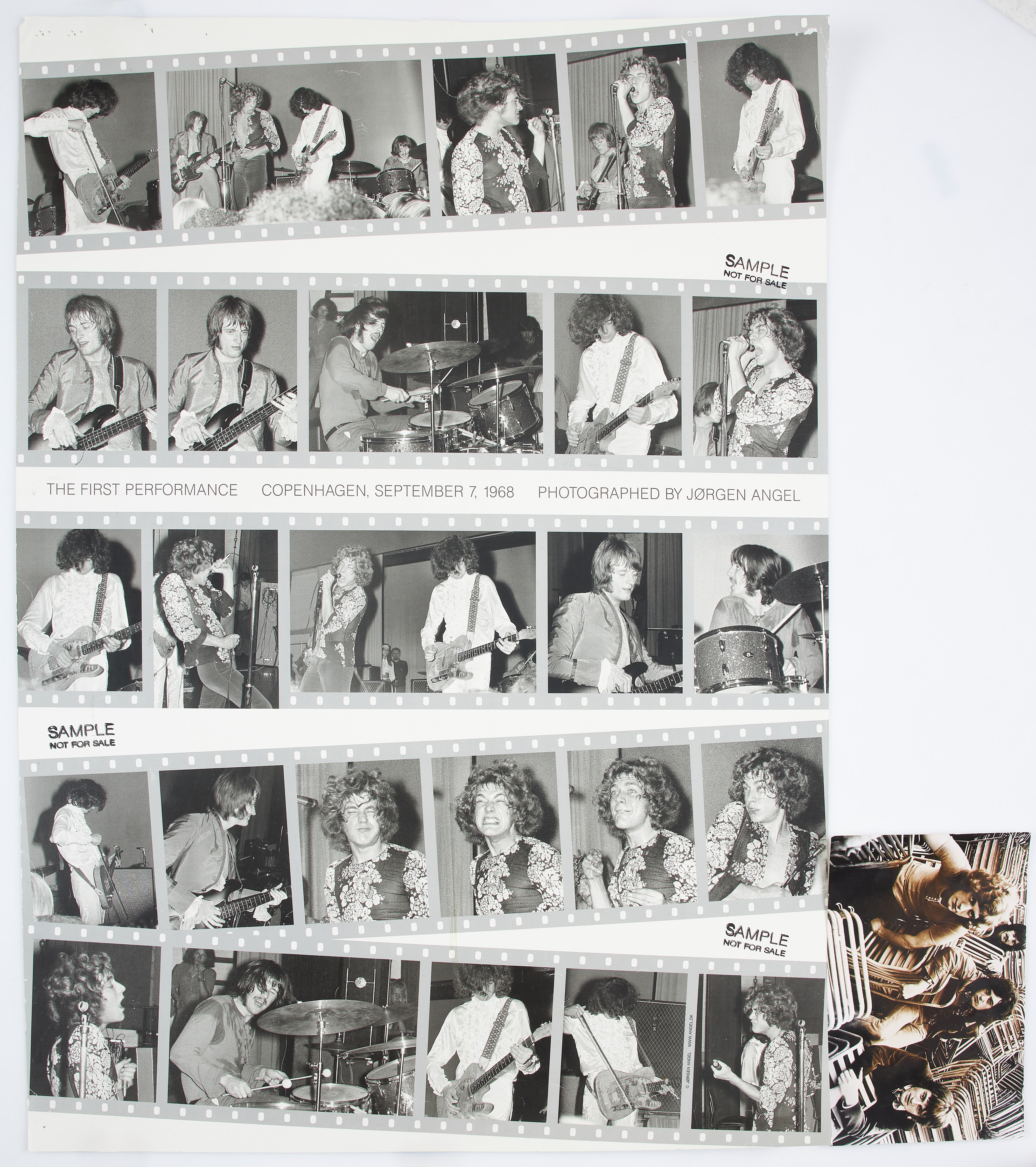 LED ZEPPELIN/YARDBIRDS, 2 dlr., pressfoto från 1968, samt senare tryckt poster "The first performance", med bilder tagna från Konsert i Köpenhamn 7 september 1968.