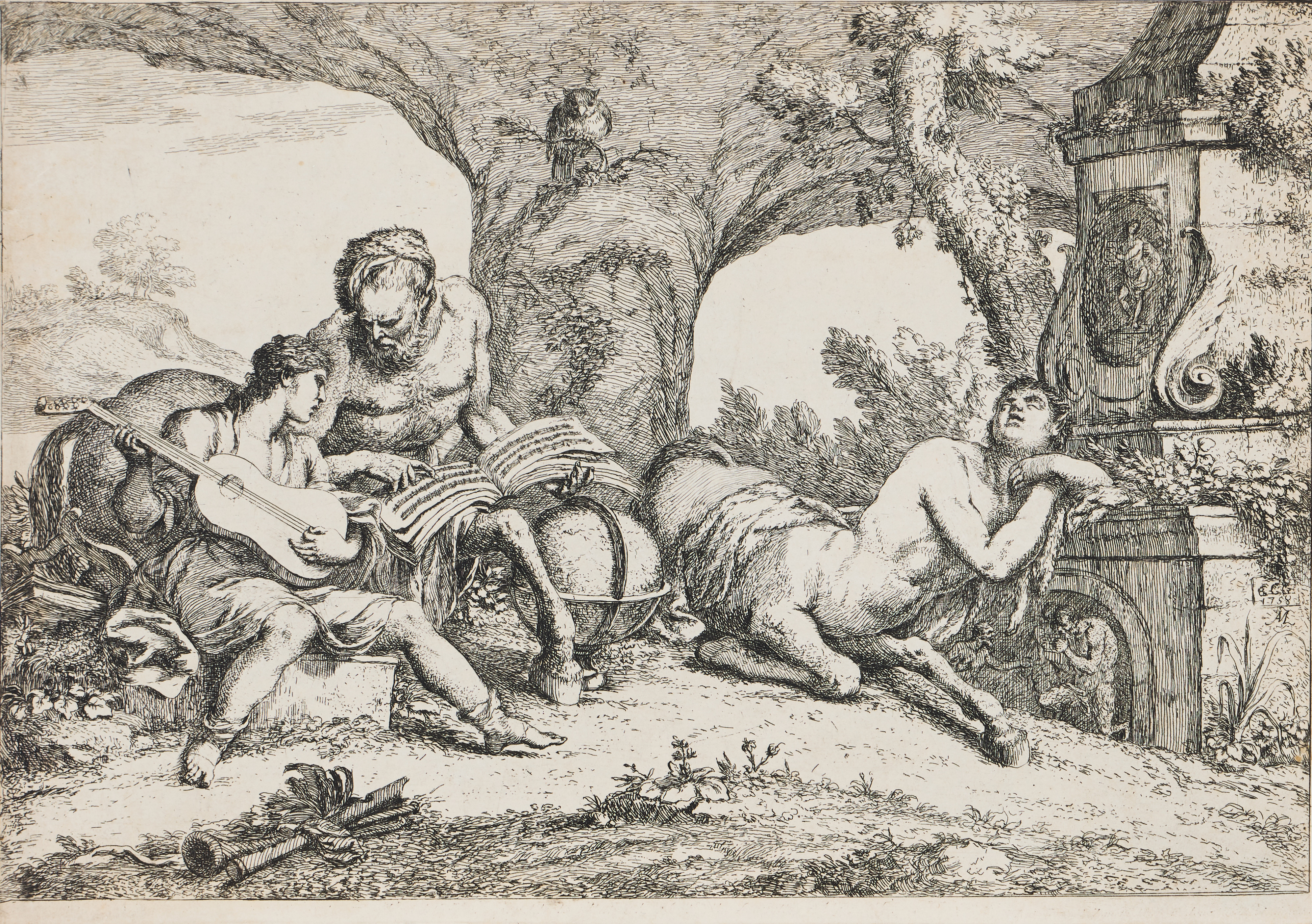 ANTONIO MARIA ZANETTI (ITALY 1680-1767) AFTER GIOVANNI BENEDETTO CASTIGLIONE (ITALY 1609-1664). "The Education in Music of the Young Achilles by the Centaur Chiron".