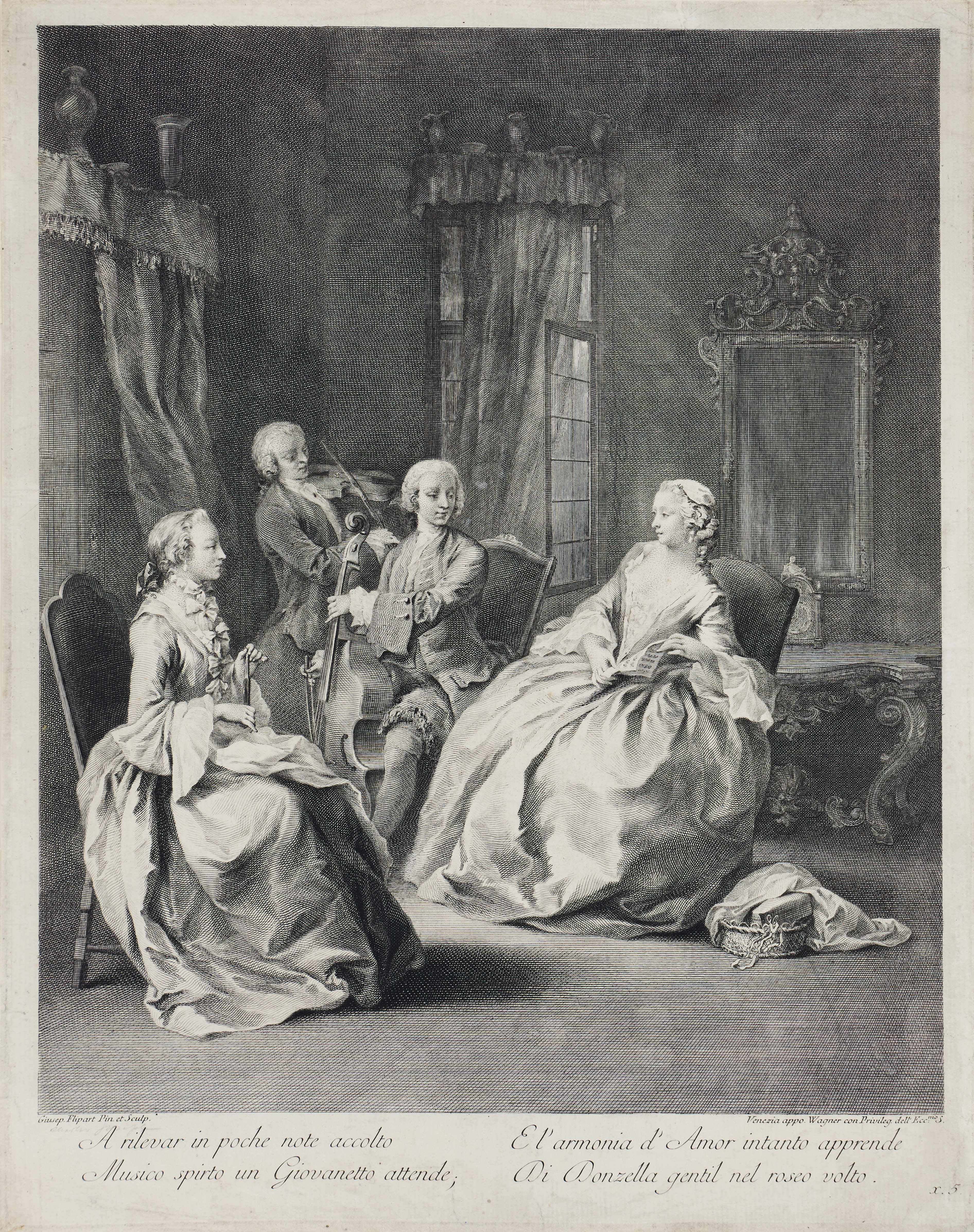 CHARLES JOSEPH FLIPART (FRANCE 1721-1797). "A rilevar in poche note accolto (A Venetian Interior with Two Women Seated and Two Men Playing the Cello and Viola)".