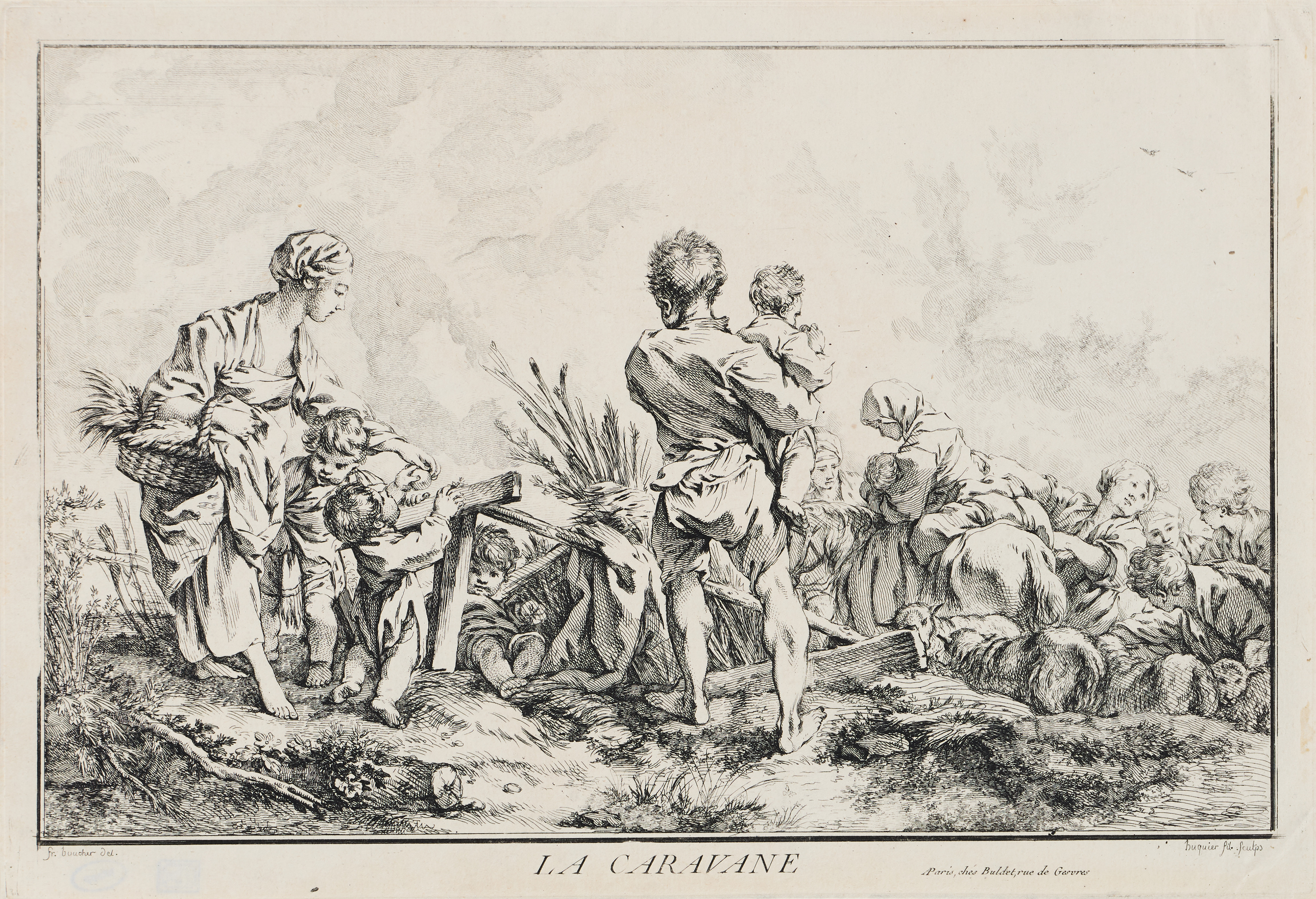 GABRIEL HUQUIER (FRANCE 1730-1805) AFTER FRANÇOIS BOUCHER (FRANCE 1703-1770). Two engravings with etching. "Le Petit Menage" and "La Caravane".