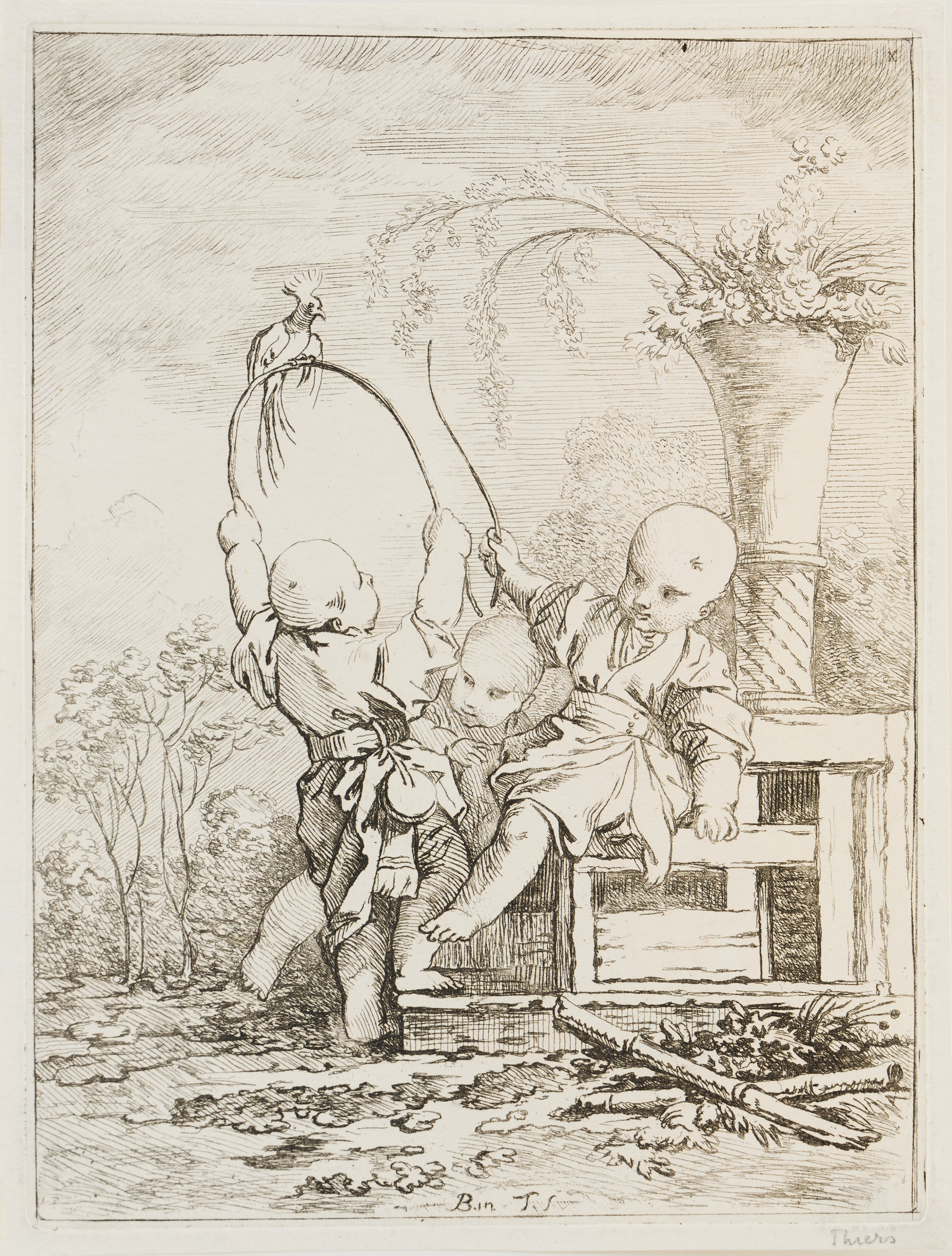 LOUIS ANTOINE CROZAT, BARON OF THIERS (FRANCE 1699-1770) AFTER FRANÇOIS BOUCHER (FRANCE 1703-1770). "Enfants chinois jouant avec un perroquet (Chinese Children Playing with a Parrot)".