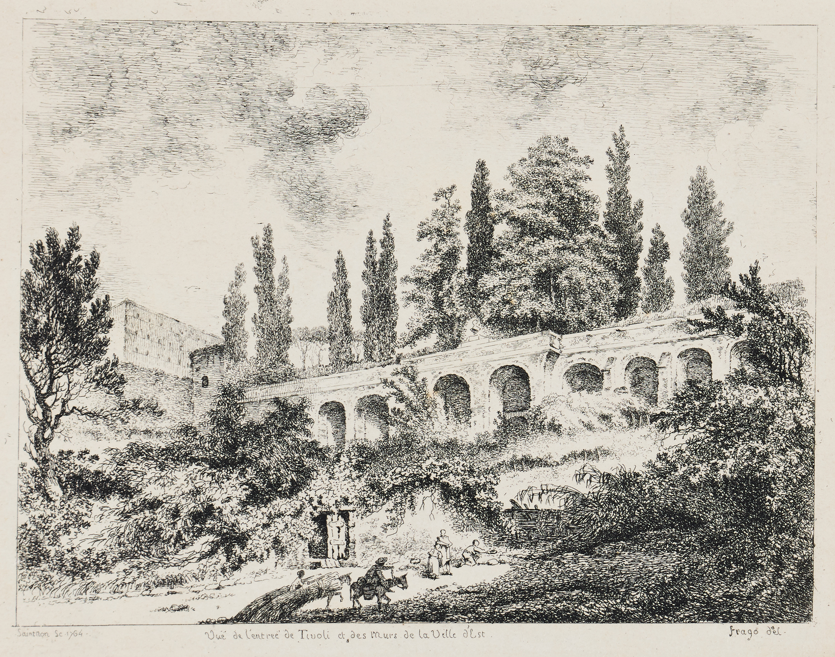JEAN-CLAUDE RICHARD DE SAINT-NON (FRANCE 1727-1791). Two etchings. "Deux hommes et une femme dans une barque" and "Vue de l'entrée de Tivoli et des Murs de la Ville d'Est (View of the Entrance to Tivoli and the Walls of the Villa d'Este)".