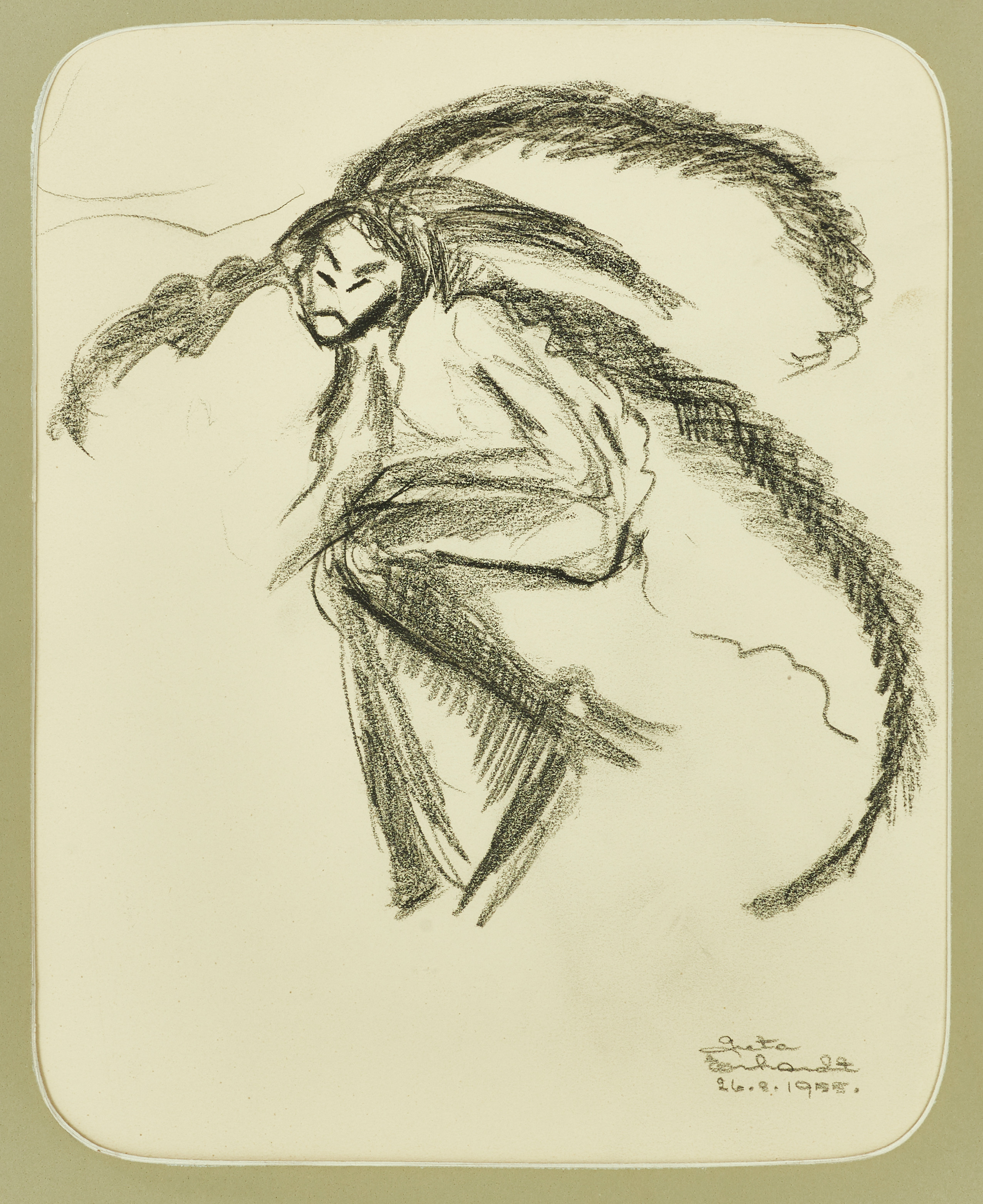 GRETA ERHARDT (1905-1995). "Shu Sai Fujima", lejondansen, signerad och daterad 26.8.1955, teckning.