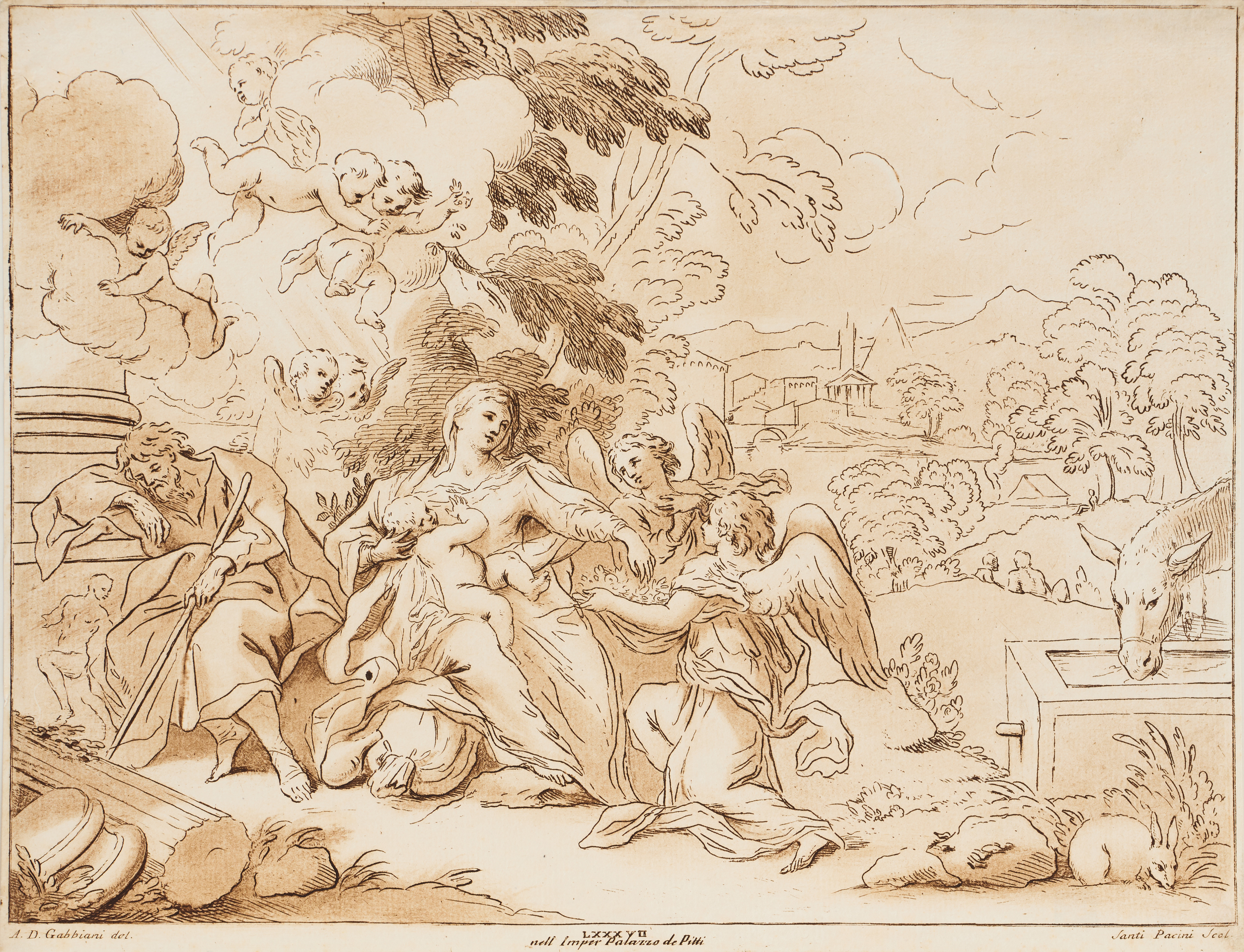 SANTE PACINI (ITALY 1735-CIRCA 1790) AFTER ANTON DOMENICO GABBIANI (ITALY 1652-1726). "The Rest on the Flight into Egypt".